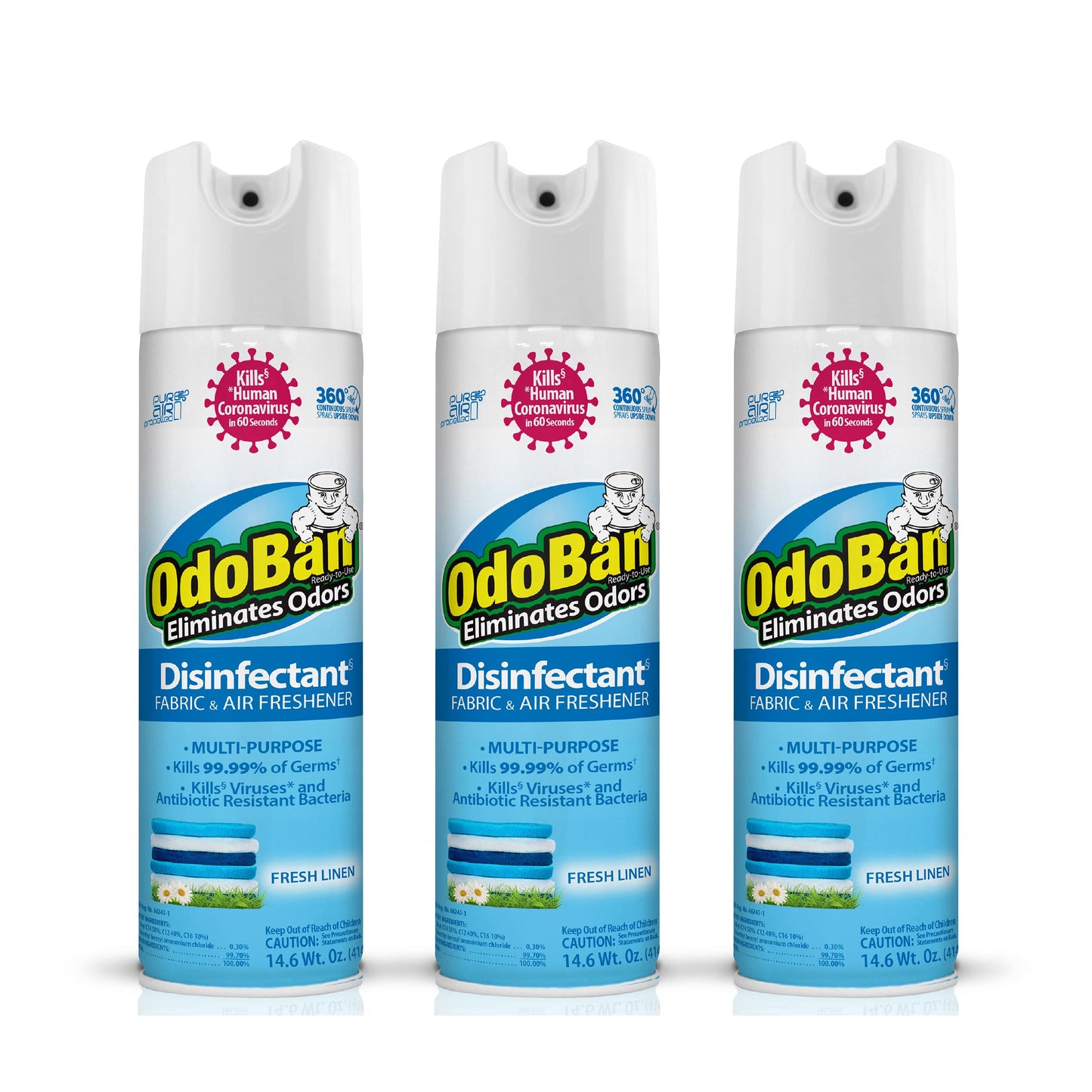 OdoBan Ready-to-Use 360-Degree Continuous Spray Disinfectant and Harsh Aroma Eliminator, Fabric and Air Freshener, 3 Pack, 14.6 Ounces Each, Fresh