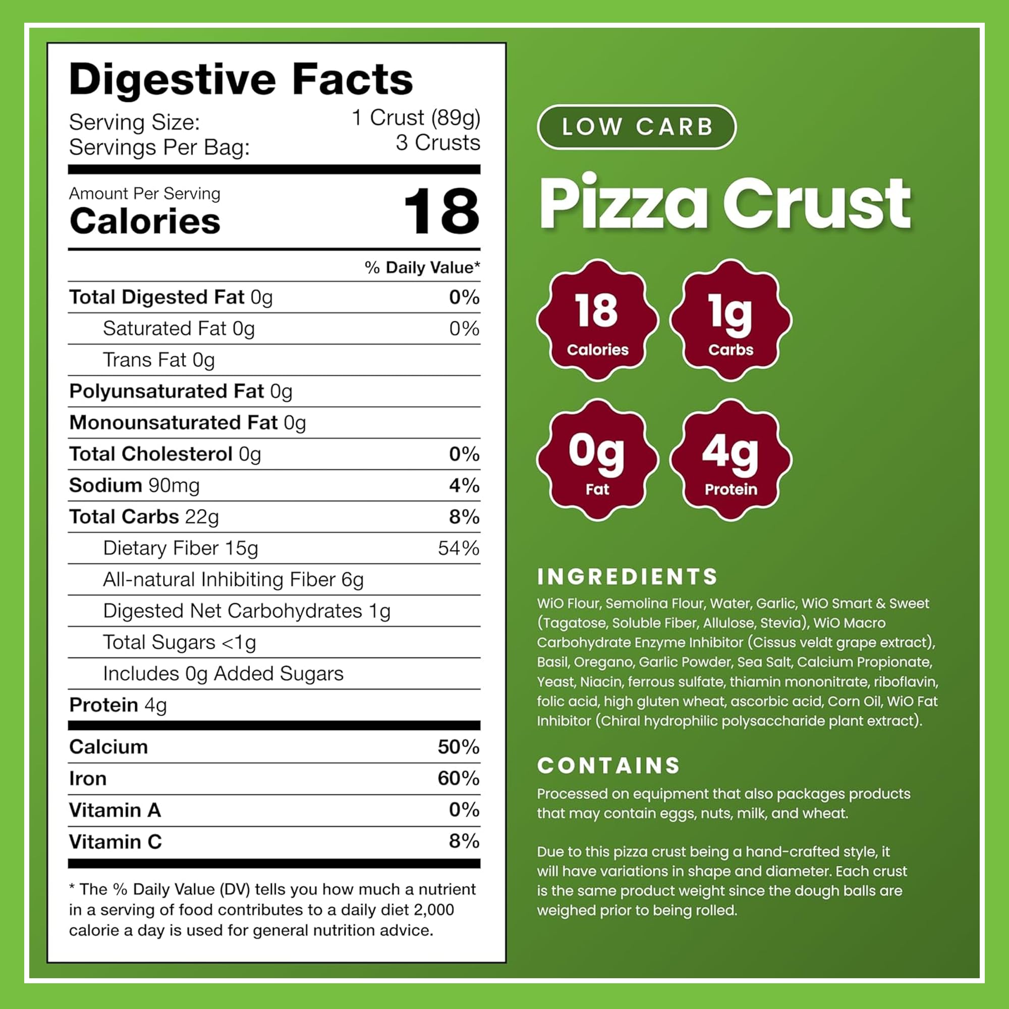 WiO SmartFoods™ 7.5" Pizza Crusts, Low-Carb, 3-Count., Protein-Rich Pizza Dough, Keto-Friendly, Fat-Free, Delicious Fresh Flatbread for Homemade