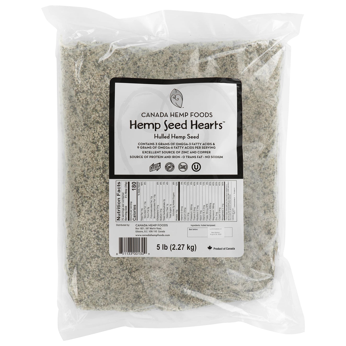 Canada Hemp Foods Hemp Seed Hearts 5 lb Value Bag, Raw Hulled Hemp Seeds, 10g Protein Per Serving, Omega 3 & 6, Non-GMO, Gluten Free, Keto, Vegan