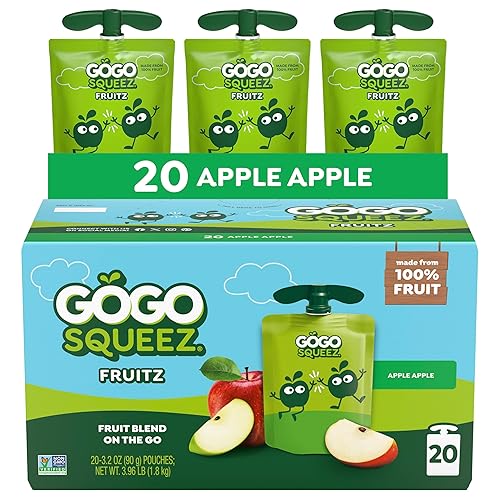 GoGo squeeZ No Sugar Added Applesauce and Fruit Puree, Apple, 3.2 oz Pouches (Pack of 20), Fruit Snacks for Kids, Gluten Free, Nut Free, Recloseable