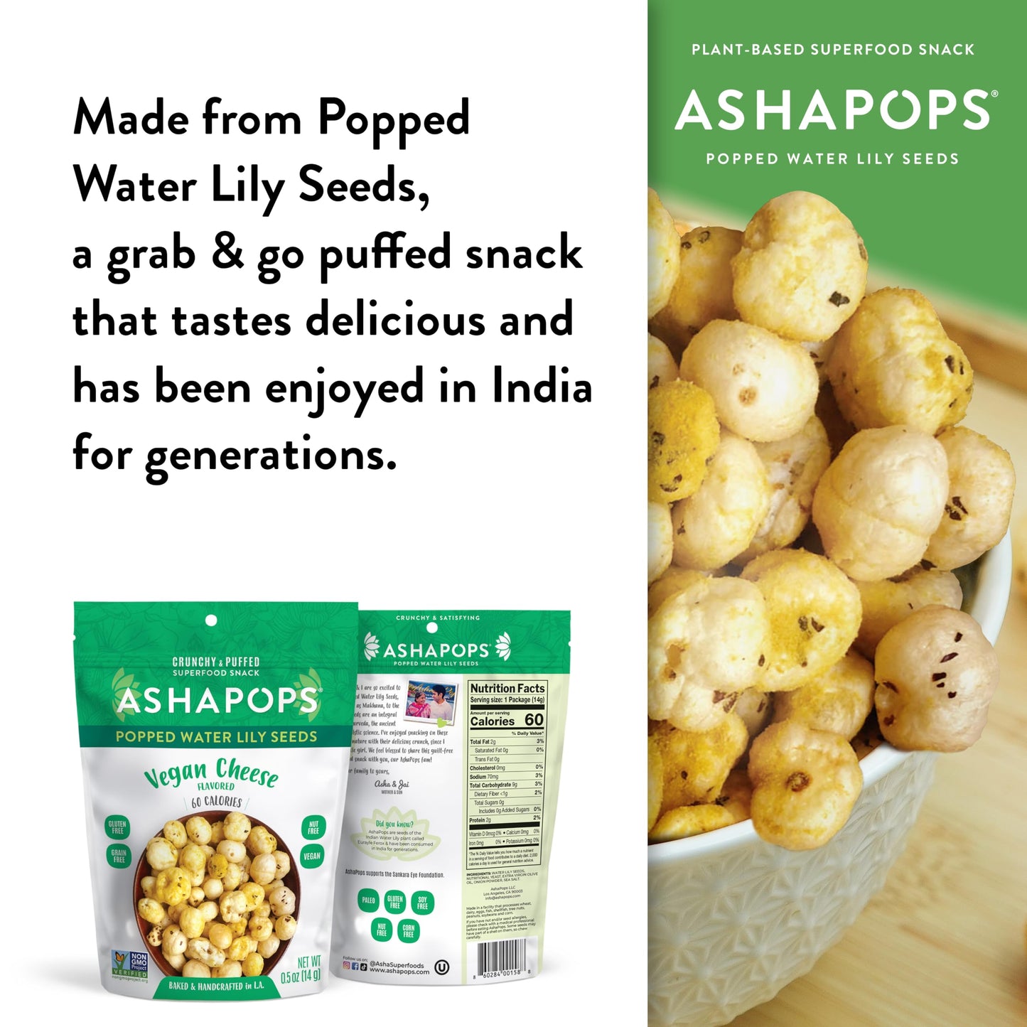 AshaPops Vegan Cheese Flavored Popped Water Lily Seeds, 0.5 oz (Pack of 12) - Gluten-Free, Vegan, Paleo, Nut-Free, Corn-Free, Soy-Free, Non-GMO