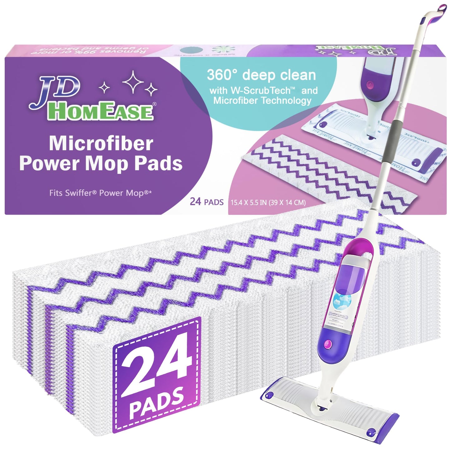 JD HOMEASE 24 Pack Microfiber Disposable Pads for Swiffer PowerMop Multi-Surface Mopping Pad Refills, Deep Clean Replacement