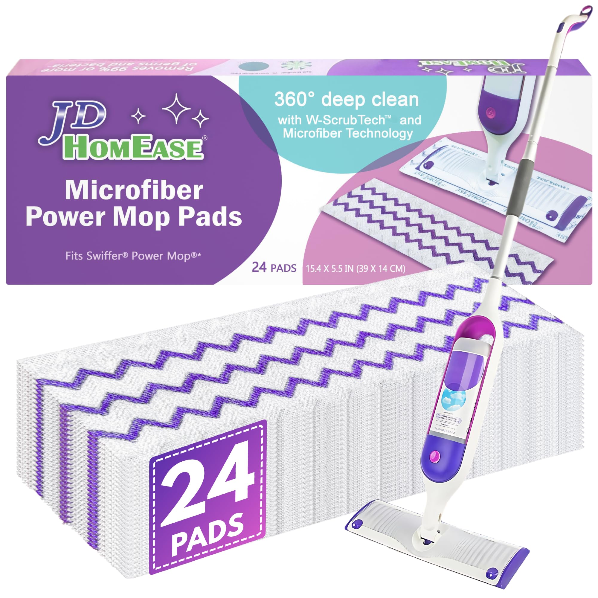 JD HOMEASE 24 Pack Microfiber Disposable Pads for Swiffer PowerMop Multi-Surface Mopping Pad Refills, Deep Clean Replacement
