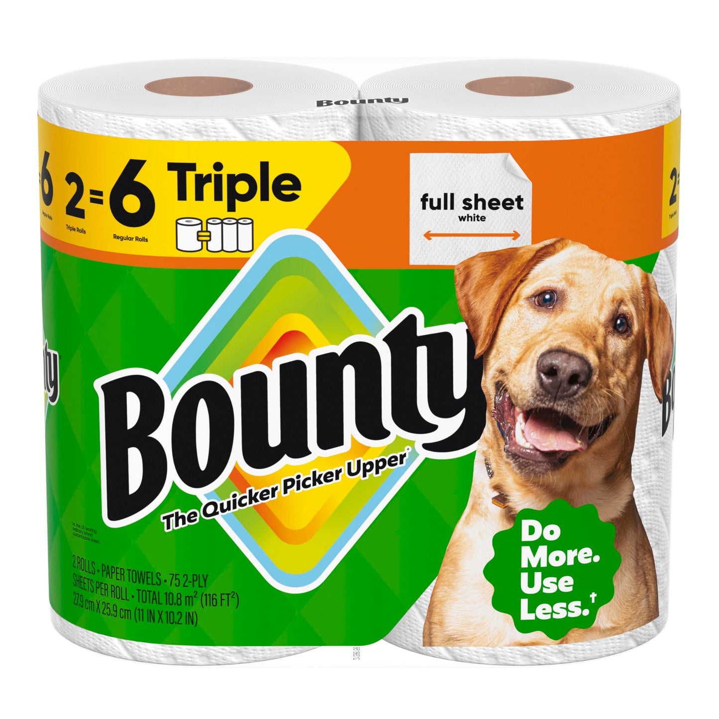 Bounty Full Sheet Paper Towels, White, 2 Triple Rolls = 6 Regular Rolls (Packaging May Vary)