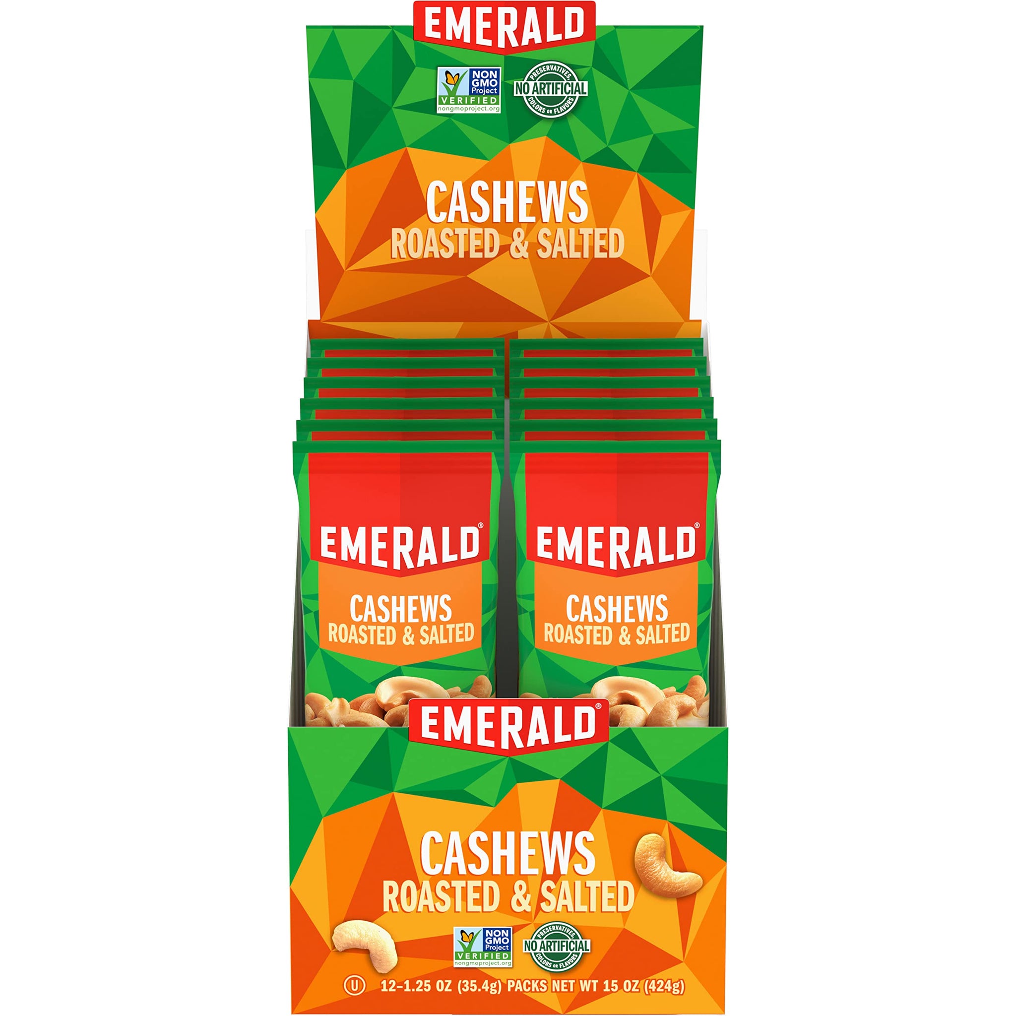 Emerald Nuts Roasted & Salted Cashews 12 Ct (1-Pack), 1.25 Oz Individual Snack Tubes, Plant-Based Protein, Kosher Certified, Non-GMO, Contains No