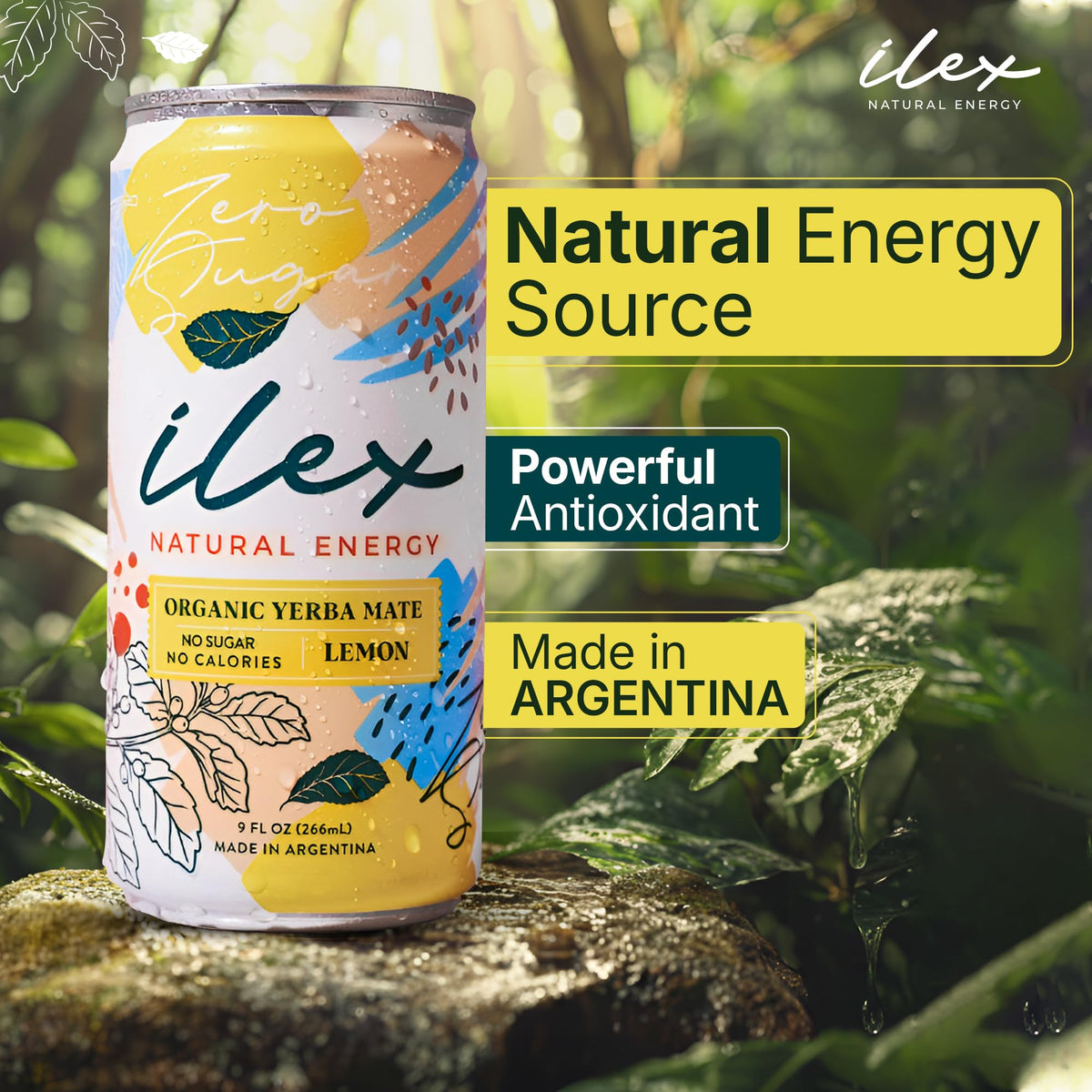 ILEX Yerba Mate Energy Drink, Zero Sugar, Lemon, 9 fl oz (Pack of 6)
