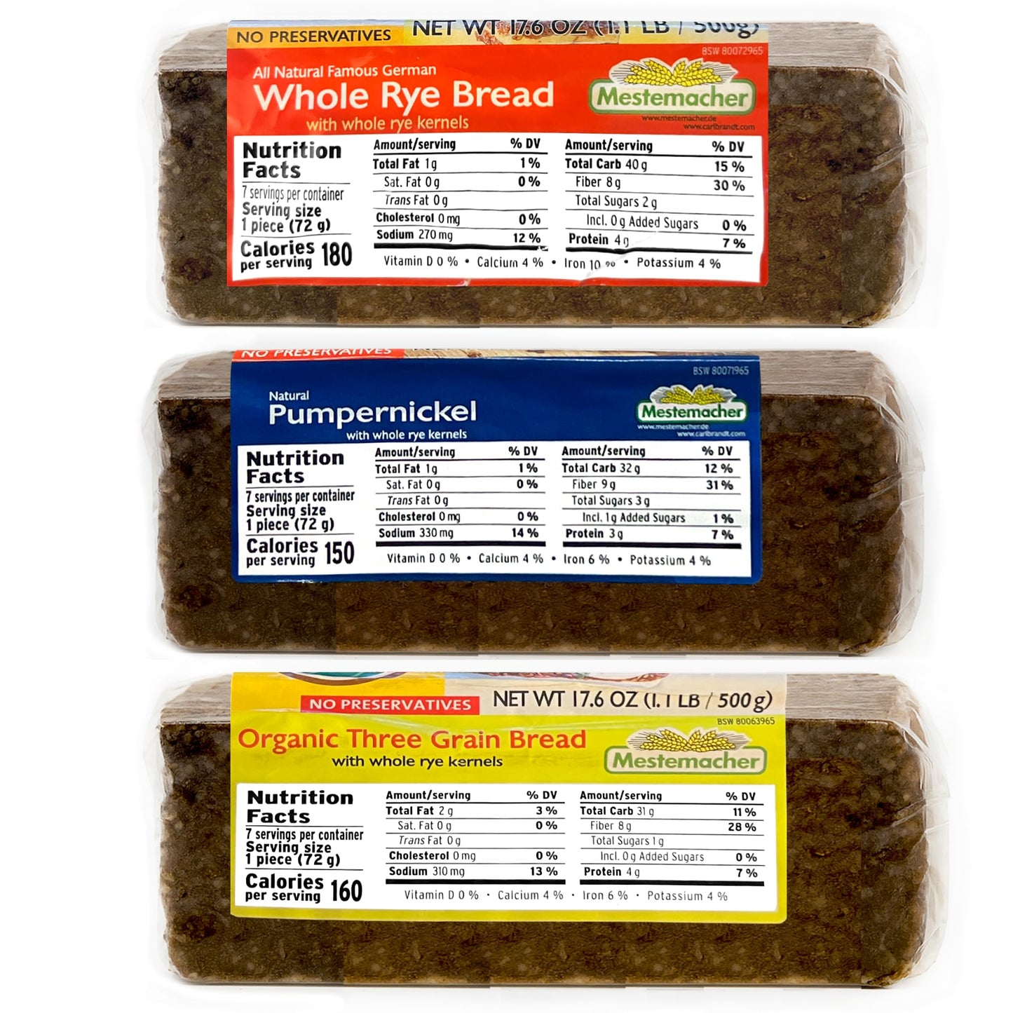 Mestemacher Natural High Fiber Bread 3 Flavor Variety Bundle: (1) Mestemacher Organic Three Grain Bread, (1) Mestemacher Pumpernickel Bread