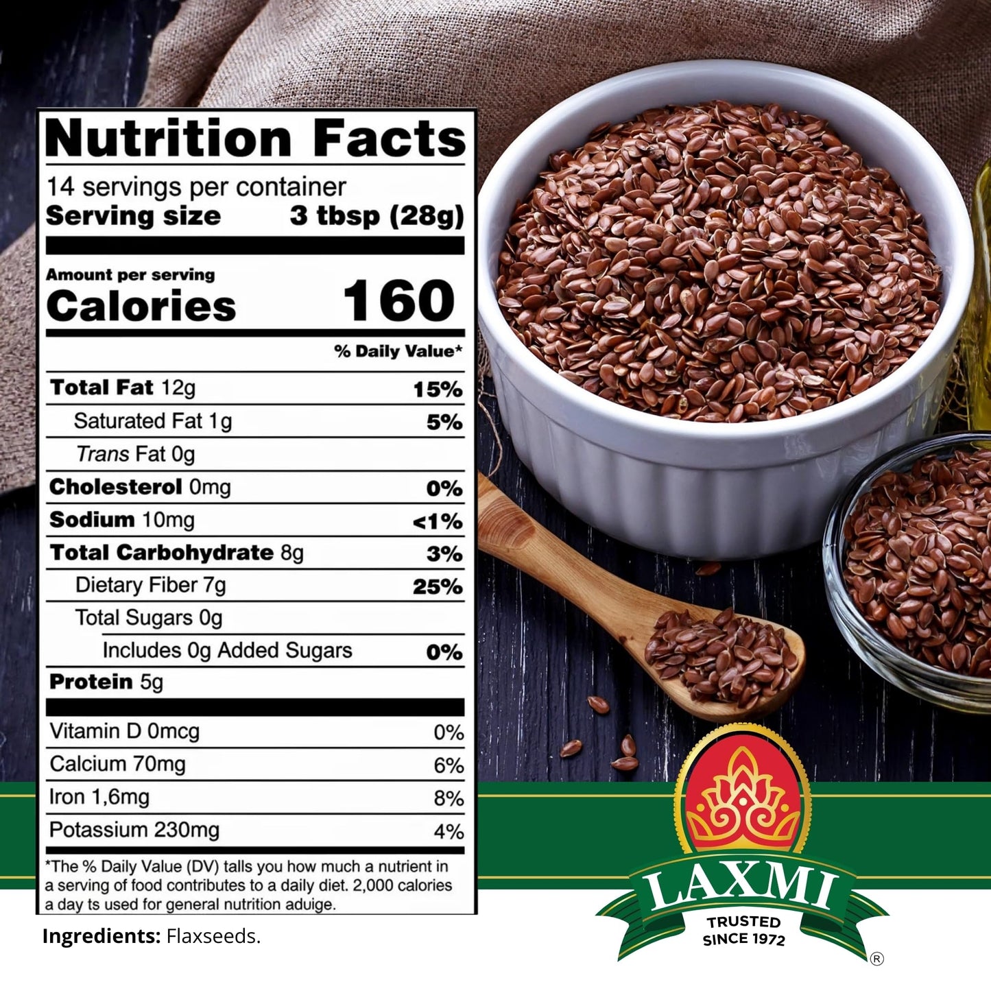 LAXMI Whole Flax Seed - Natural High Fiber, Non-GMO, 14 oz Plant-Based - Whole Flaxseed for Baking, Cooking and Asian Cuisine