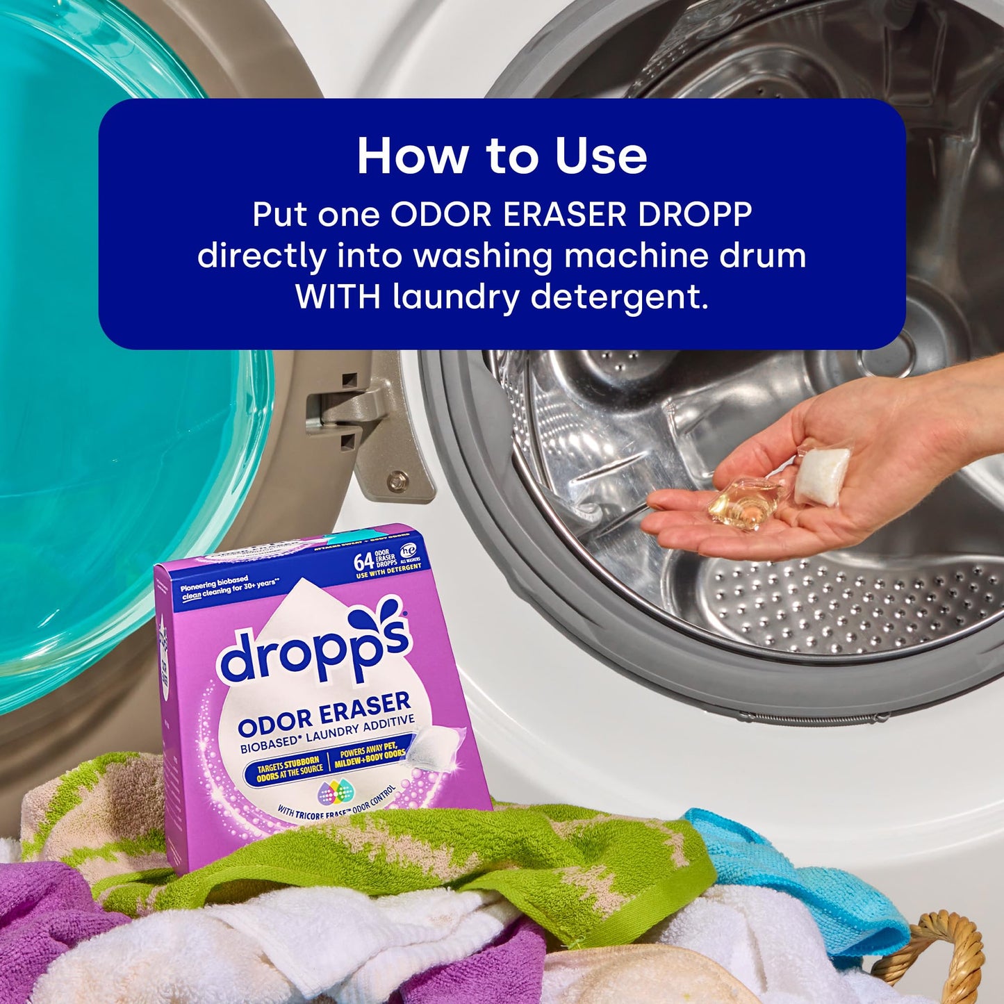 Dropps Odor Eraser Pods (64 Count) - Powered by TriCore Erase | Use With Detergent | Odor Remover | For Sweat, Musty Towels, Mildew, Pet & Body Odors