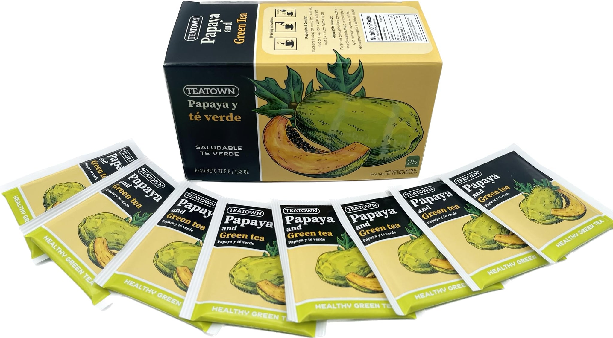 Premium Caffeinated Ceylon Papaya Green Tea Bags: 25 Count Individually Wrapped Teabags All-Natural Exotic Fruit Essence & Aroma Hot or Iced Tea Brew