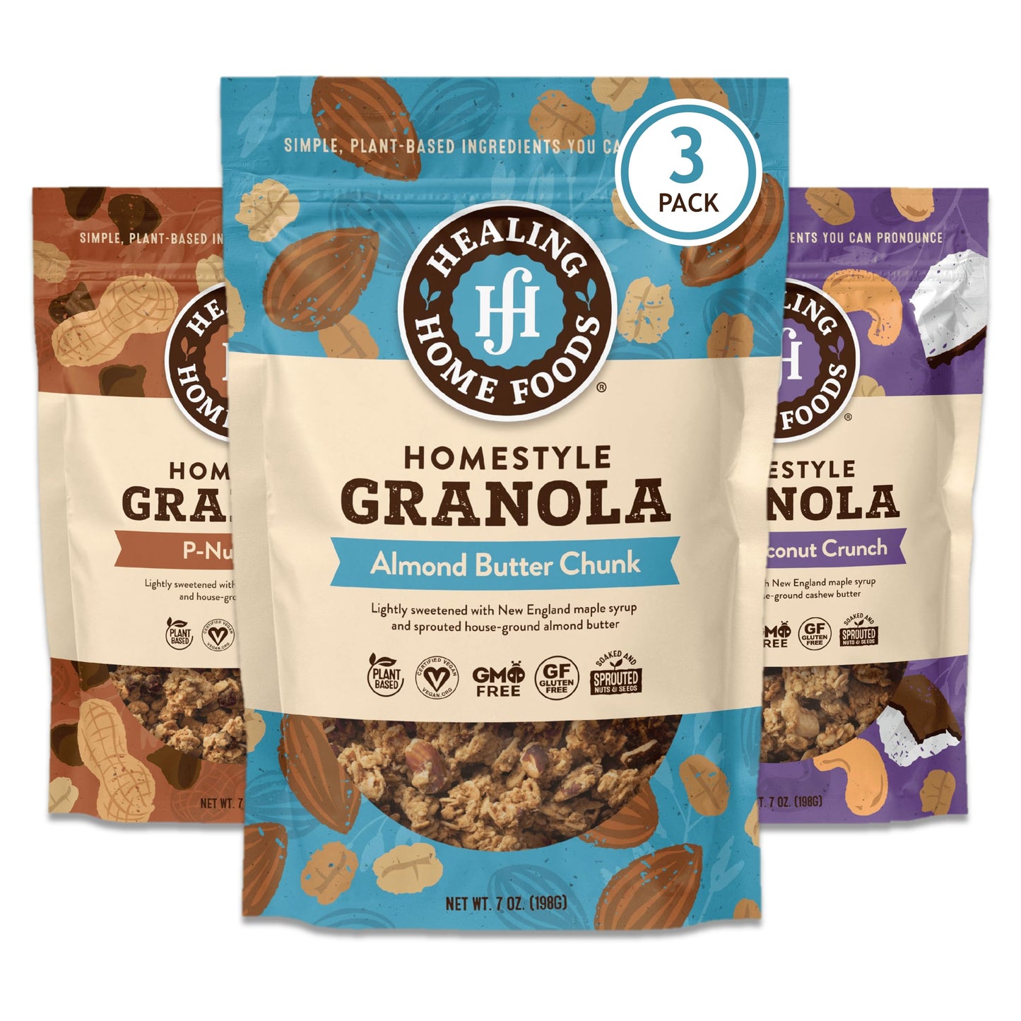Healing Home Foods Variety P-Nutty Chip, Almond Butter Chunk, Cashew Coconut Crunch, Gluten Free Granola Mix, Low Sugar Granola Clusters, Vegan