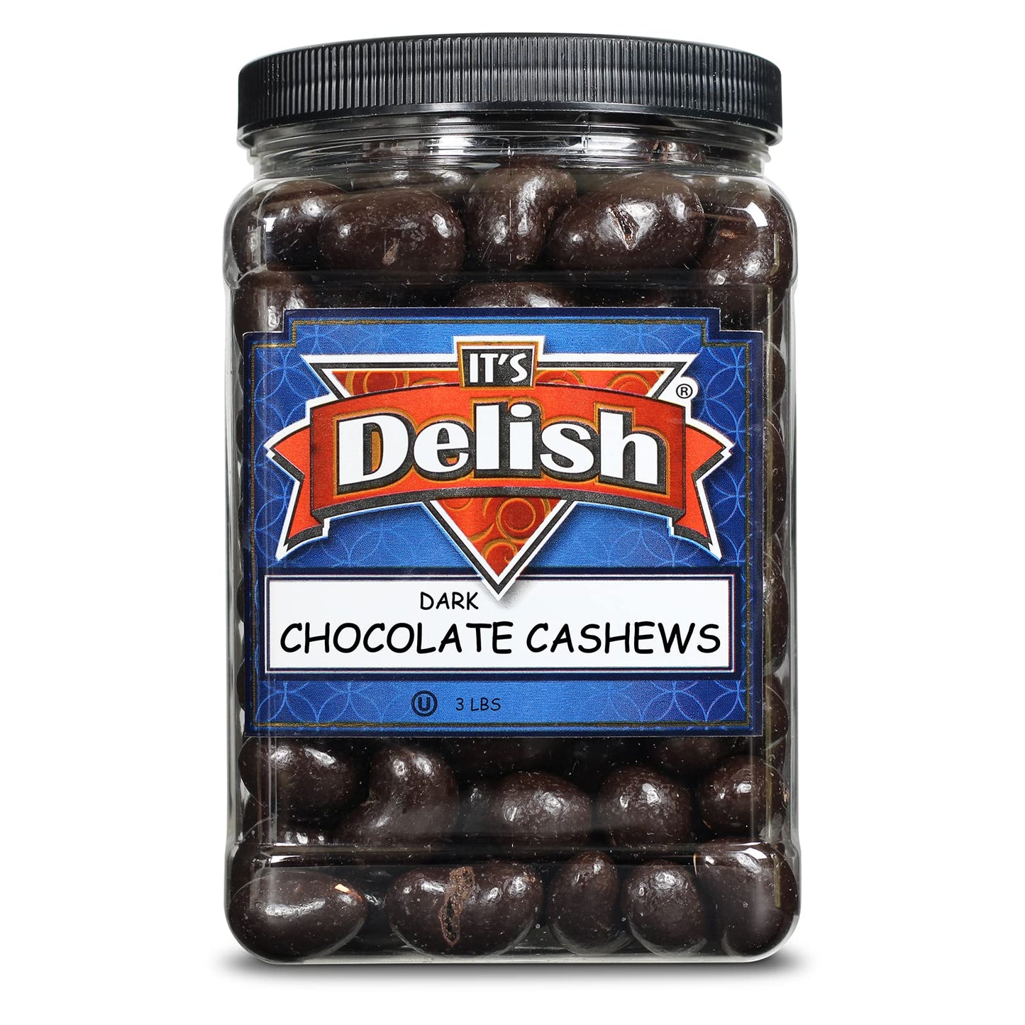 Dark Chocolate Covered Cashews by Its Delish, 3 LBS Jumbo Reusable Container (Jar) | Gourmet Dark Chocolate Cashews, Healthy Snacks Chocolate Nuts