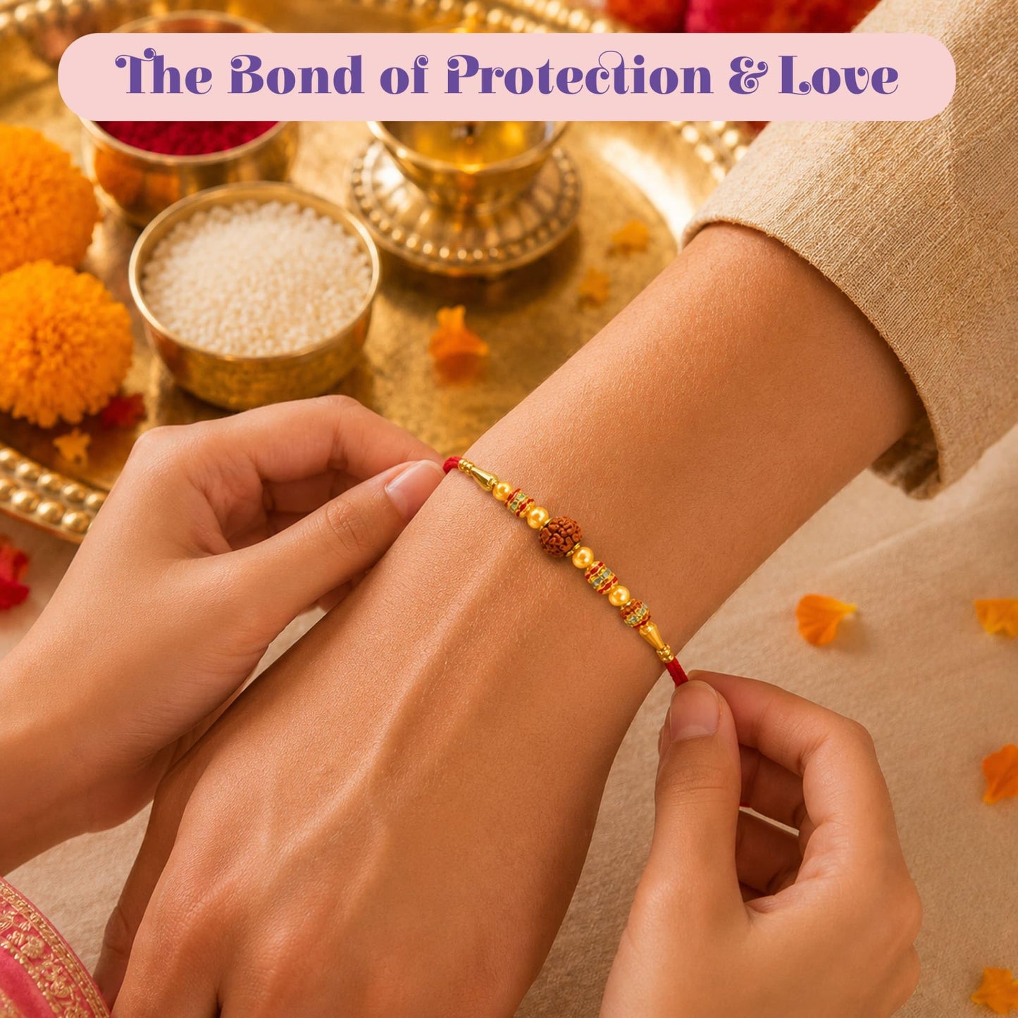 LOVENSPIRE Raksha Bandhan Gift Hamper for Brother and Bhabhi - Traditional Handmade Rudraksha Bead Rakhi Bracelet with Greeting Card & Roli Chawal