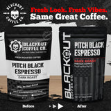 Blackout Coffee Pitch Black Espresso Whole Bean Coffee - Extra Dark Roast, European-Style, Powerfully Bold - Freshly Roasted 12oz Bag.