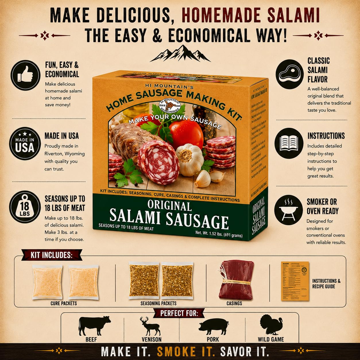 Hi Mountain Seasonings - Salami Making Kit ? Includes Sausage Seasoning, Cure, Collagen Casings, and Simple-to-Follow Directions ? Creates 18 lbs