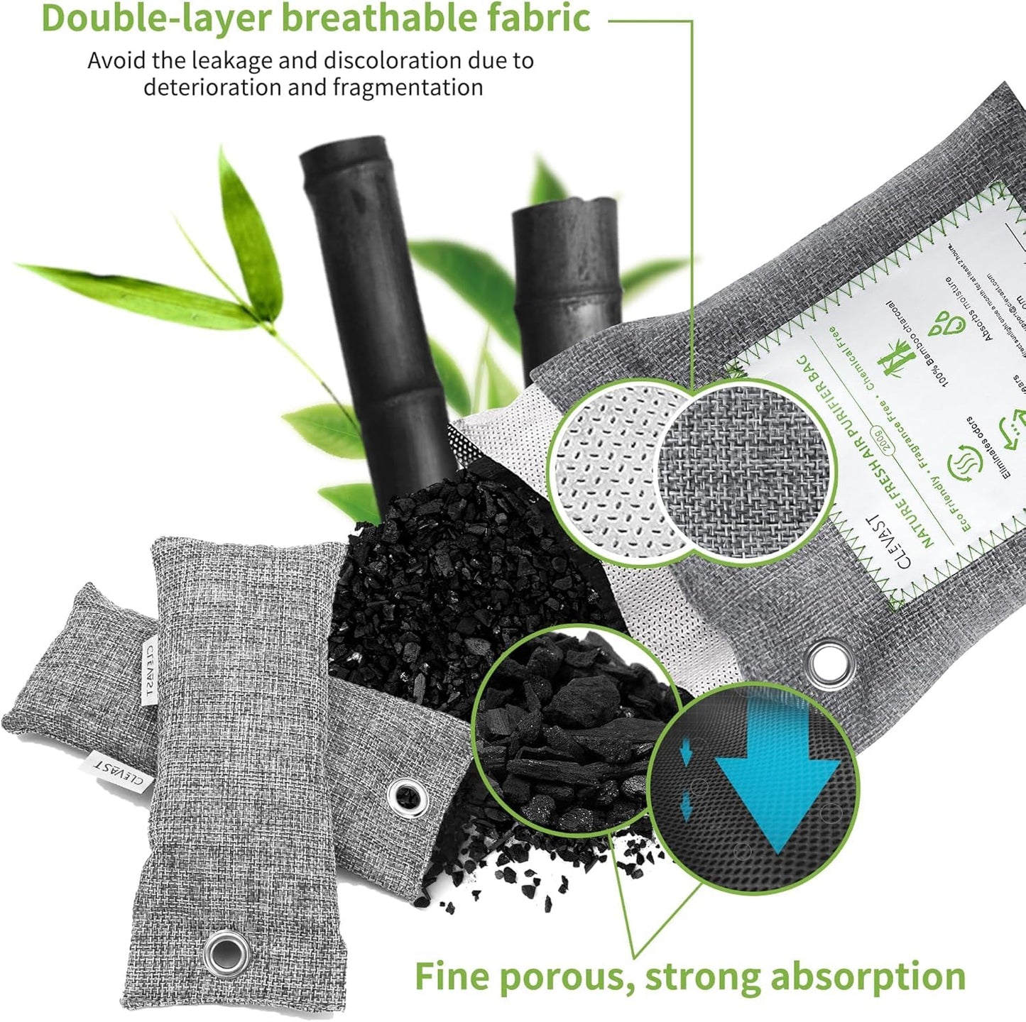 CLEVAST 14 Pack Activated Bamboo Charcoal Air Purifying Bags(2x200g, 12x50g), Natural Fresh Odor Absorber, Deodorizer and Moisture Eliminator, Air
