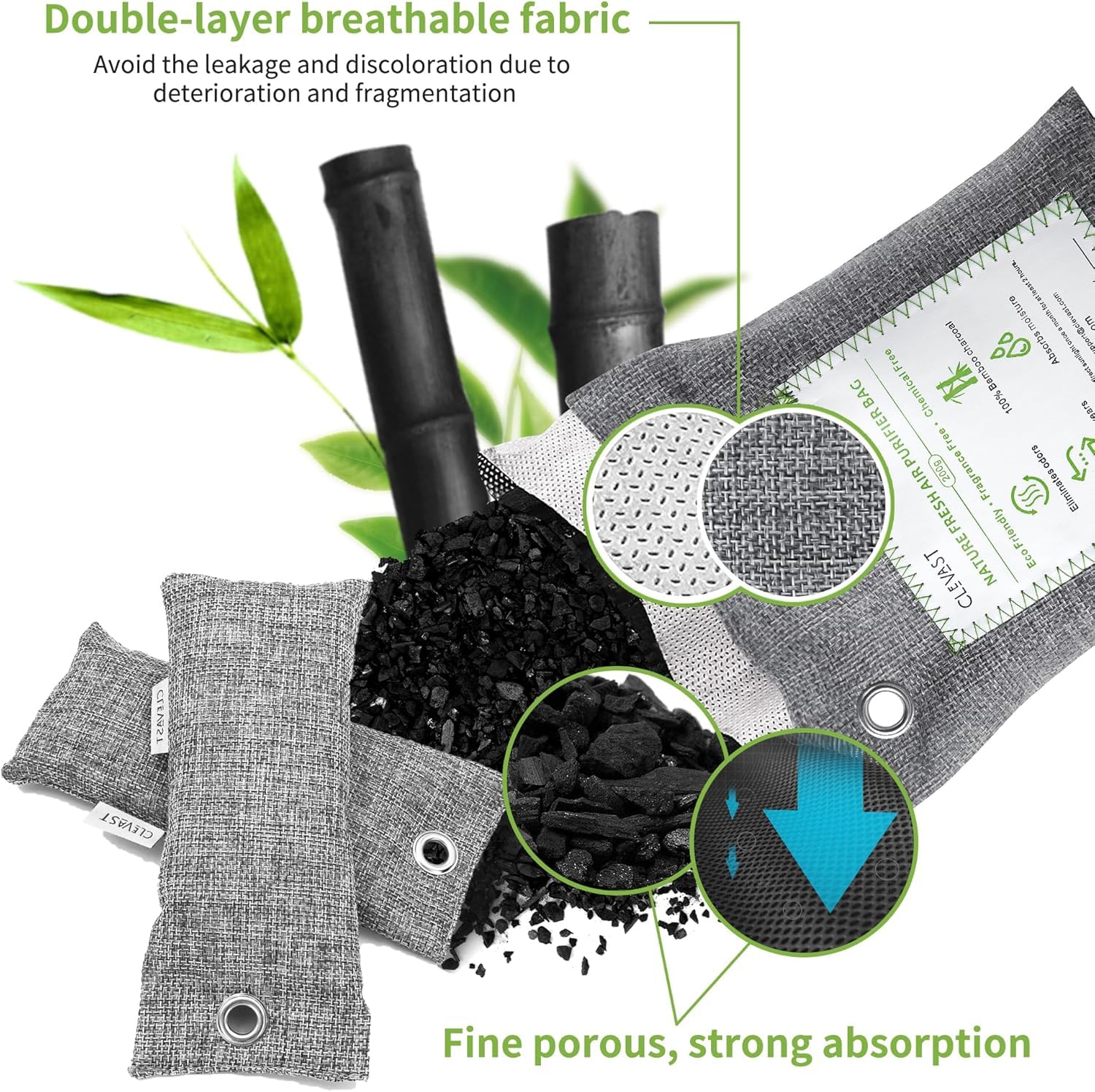 CLEVAST 14 Pack Activated Bamboo Charcoal Air Purifying Bags(2x200g, 12x50g), Natural Fresh Odor Absorber, Deodorizer and Moisture Eliminator, Air