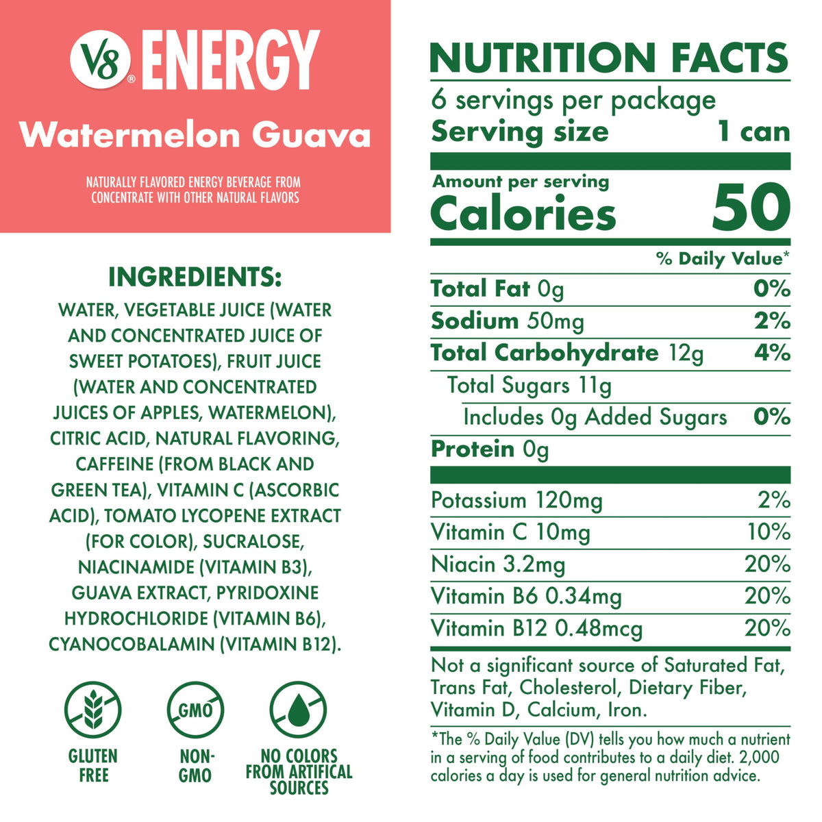 V8 Energy Watermelon Guava Energy Drink, 8 fl oz Can (24 Pack)