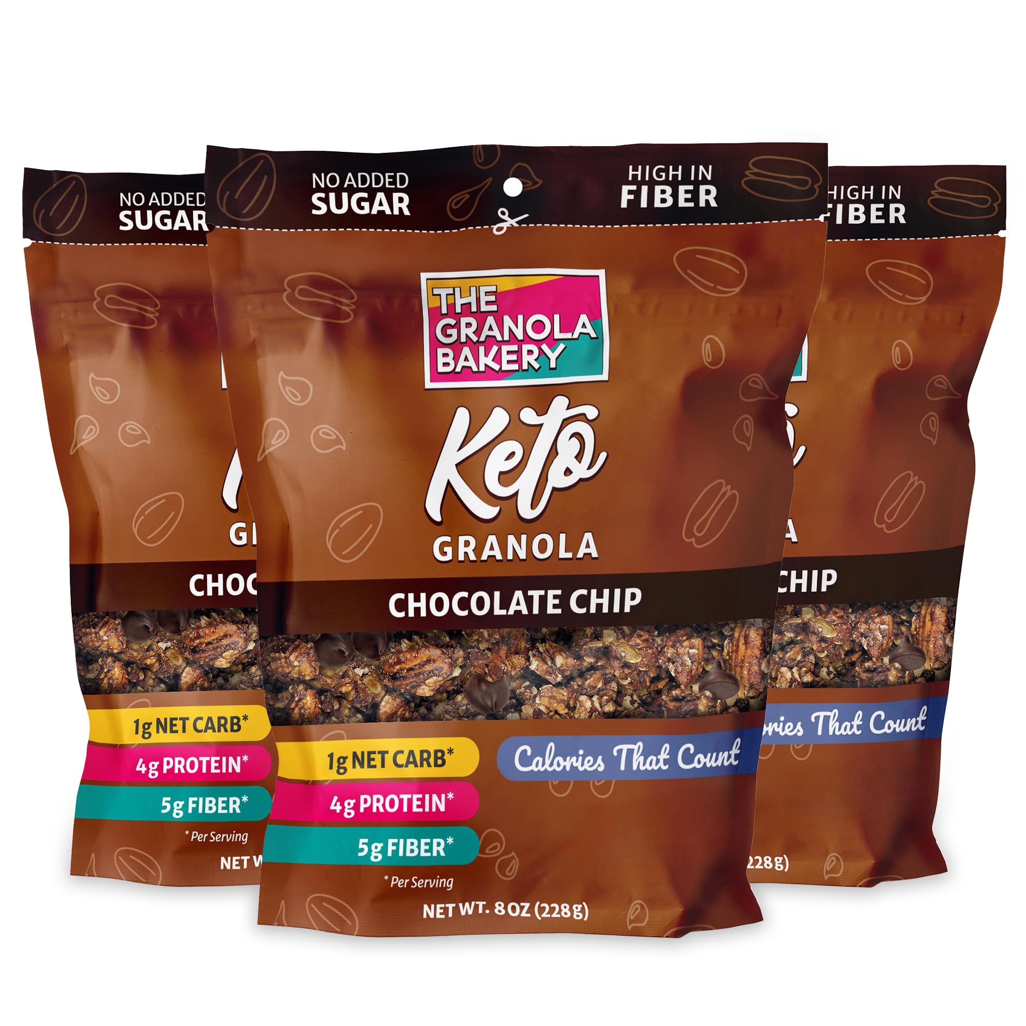 TGB Chocolate Chip Granola Cereal, Keto Friendly Snack, No Added Sugar, Gluten Free, High Fiber, 8oz Resealable Bag (Pack of 3)