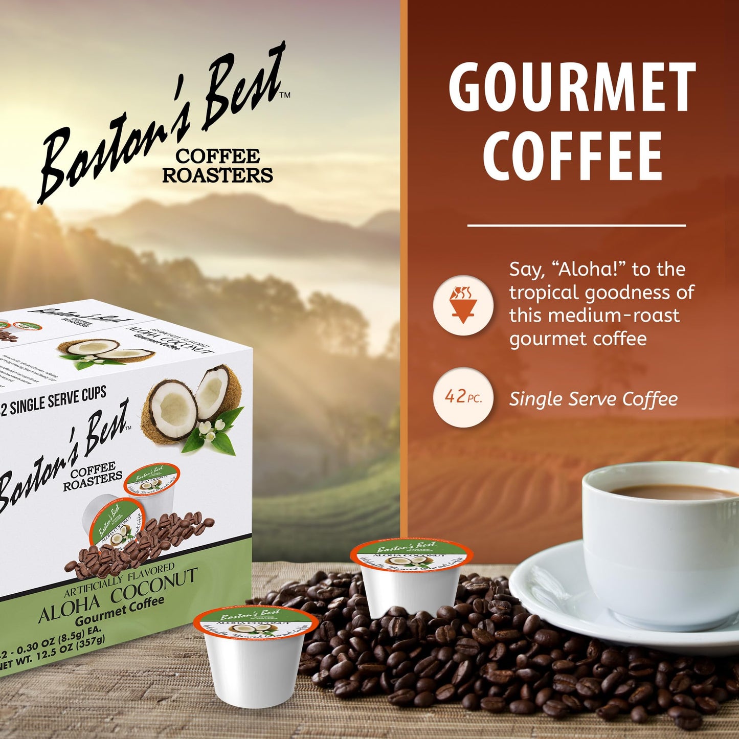Boston’s Best - Aloha Coconut Flavored Delicious Gourmet Coffee Compatible with Keurig Coffee Maker, 1 Count (42 Single Serve Cups)