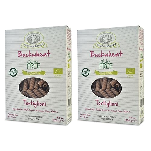 Rustichella d'Abruzzo Organic Buckwheat Tortiglioni (Pack of 2), 250g Each - Gluten-Free Pasta with Distinct Buckwheat Flavor - Artisan Pasta from