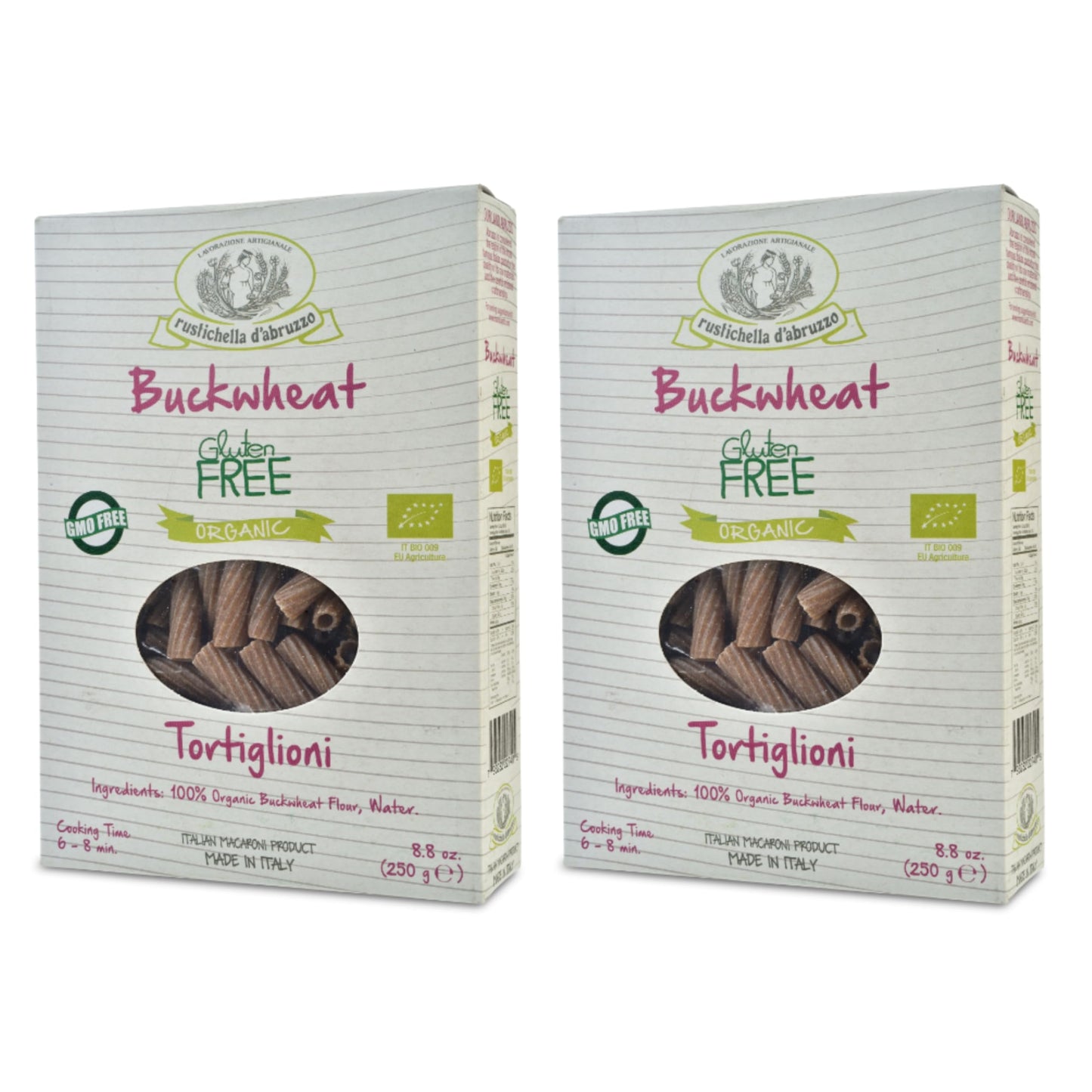 Rustichella d'Abruzzo Organic Buckwheat Tortiglioni (Pack of 2), 250g Each - Gluten-Free Pasta with Distinct Buckwheat Flavor - Artisan Pasta from