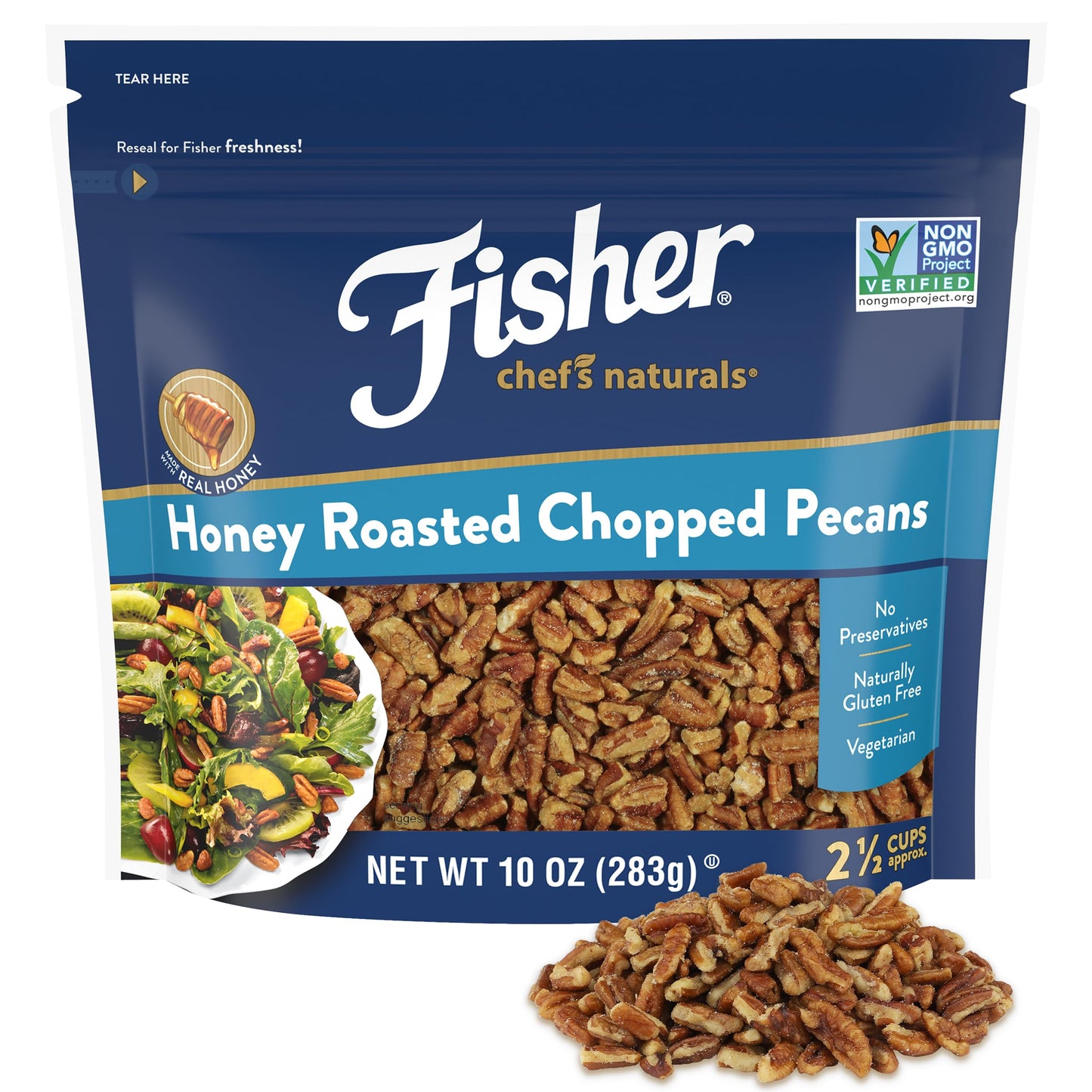Fisher Chef's Naturals Honey Roasted Chopped Pecans 10oz Resealable Bag, Sweet and Salted Nuts for Cooking, Baking & Snacking, Snacks for Adults