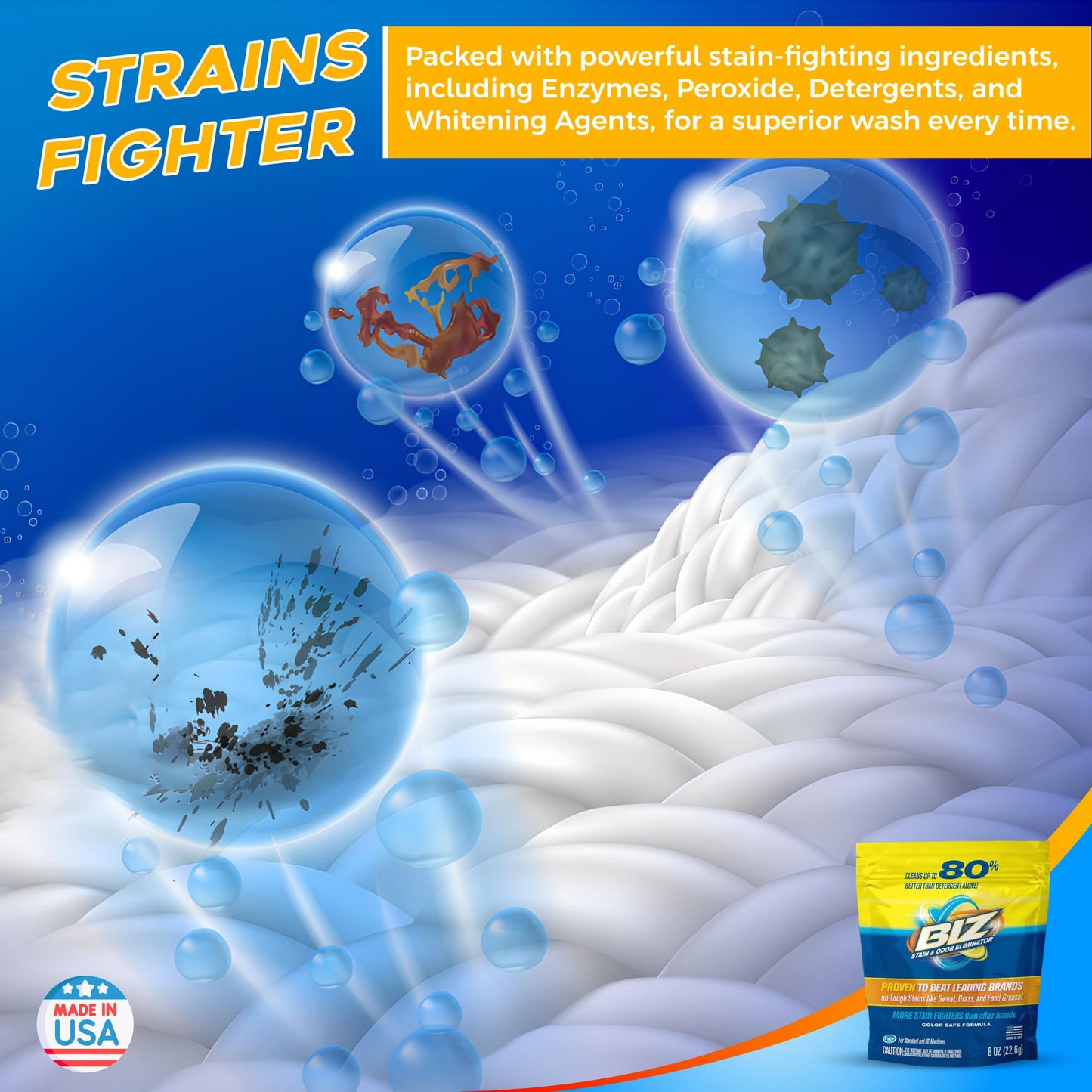 Biz Laundry Detergent Powder, Stain and Odor Eliminator for Tough Stains Like Grass Sweat and Food Grease, Powder Laundry Detergent, Color Safe, HE