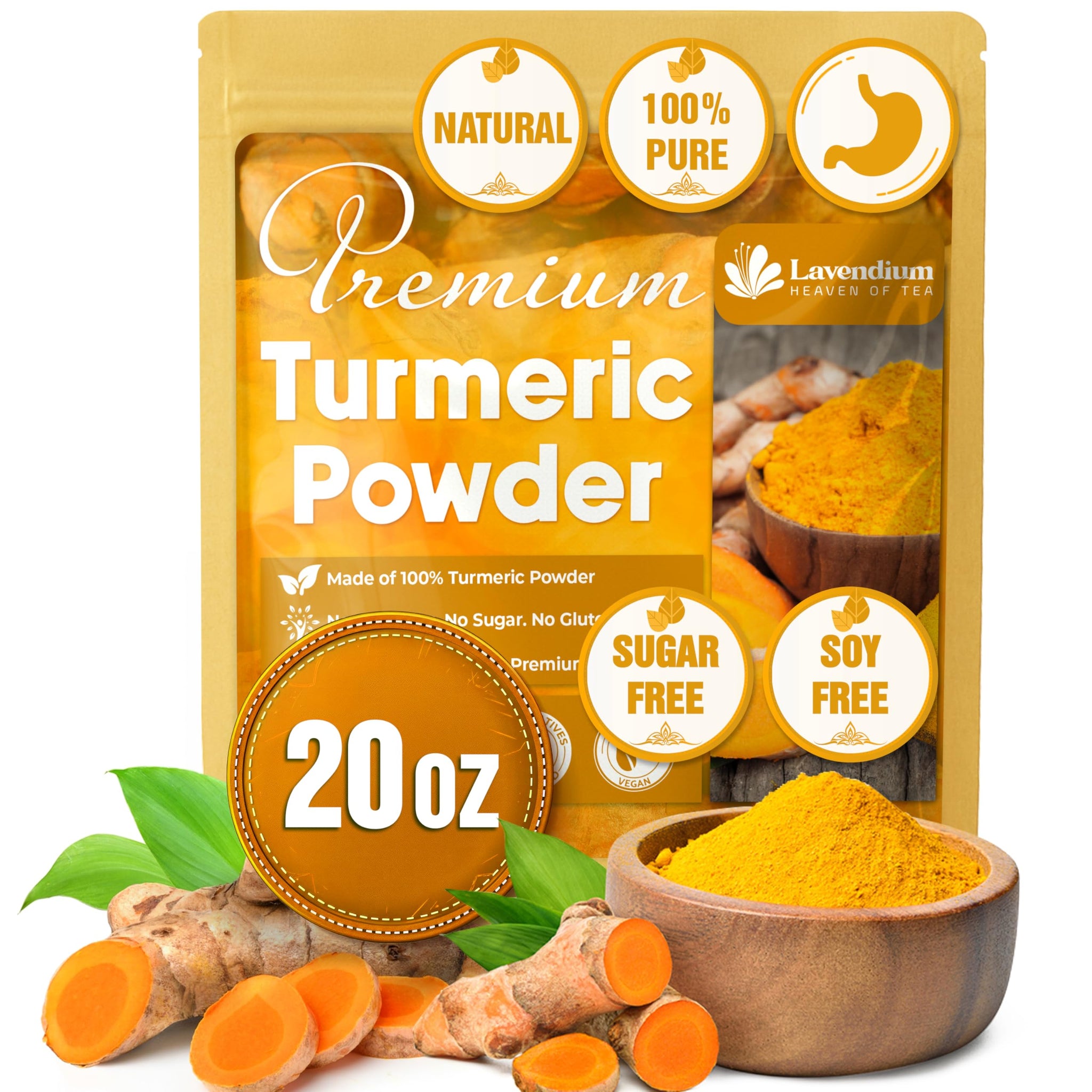 Lavendium, Premium 20oz Turmeric Powder, 100% Natural & Pure Ground Turmeric Root, No Additives or Preservatives, Non-GMO, Plant-Based & Vegan