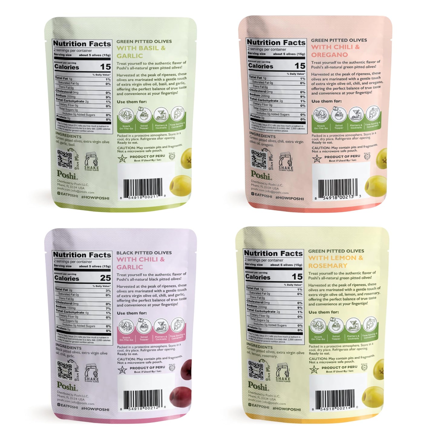 Poshi Natural Whole Pitted Olives | 24 Pack Variety | Basil & Garlic, Chili & Oregano, Chili + Garlic, Lemon & Rosemary | Vegan, Kosher, Gluten Free +