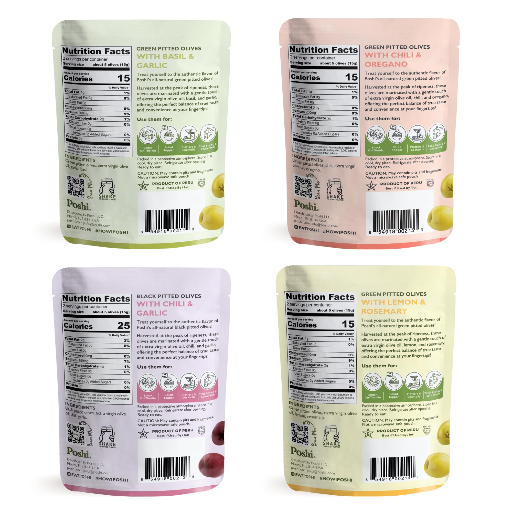 Poshi Natural Whole Pitted Olives | 24 Pack Variety | Basil & Garlic, Chili & Oregano, Chili + Garlic, Lemon & Rosemary | Vegan, Kosher, Gluten Free +