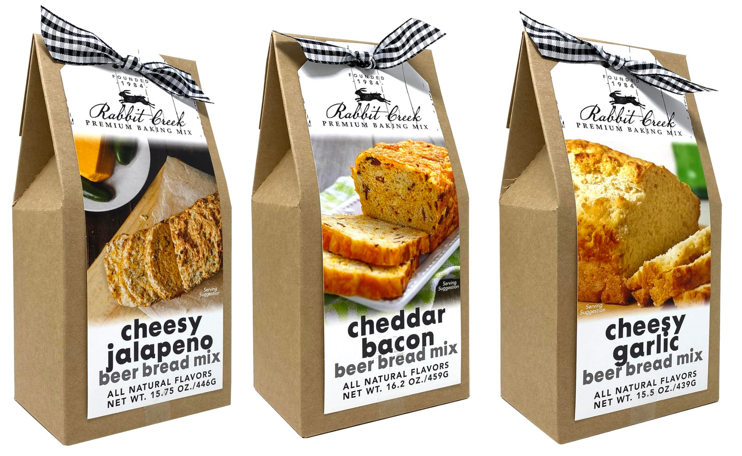 Rabbit Creek Beer Bread Mix Variety Pack of 3 - Cheesy Jalapeno, Cheddar Bacon & Cheesy Garlic Beer Bread Mix