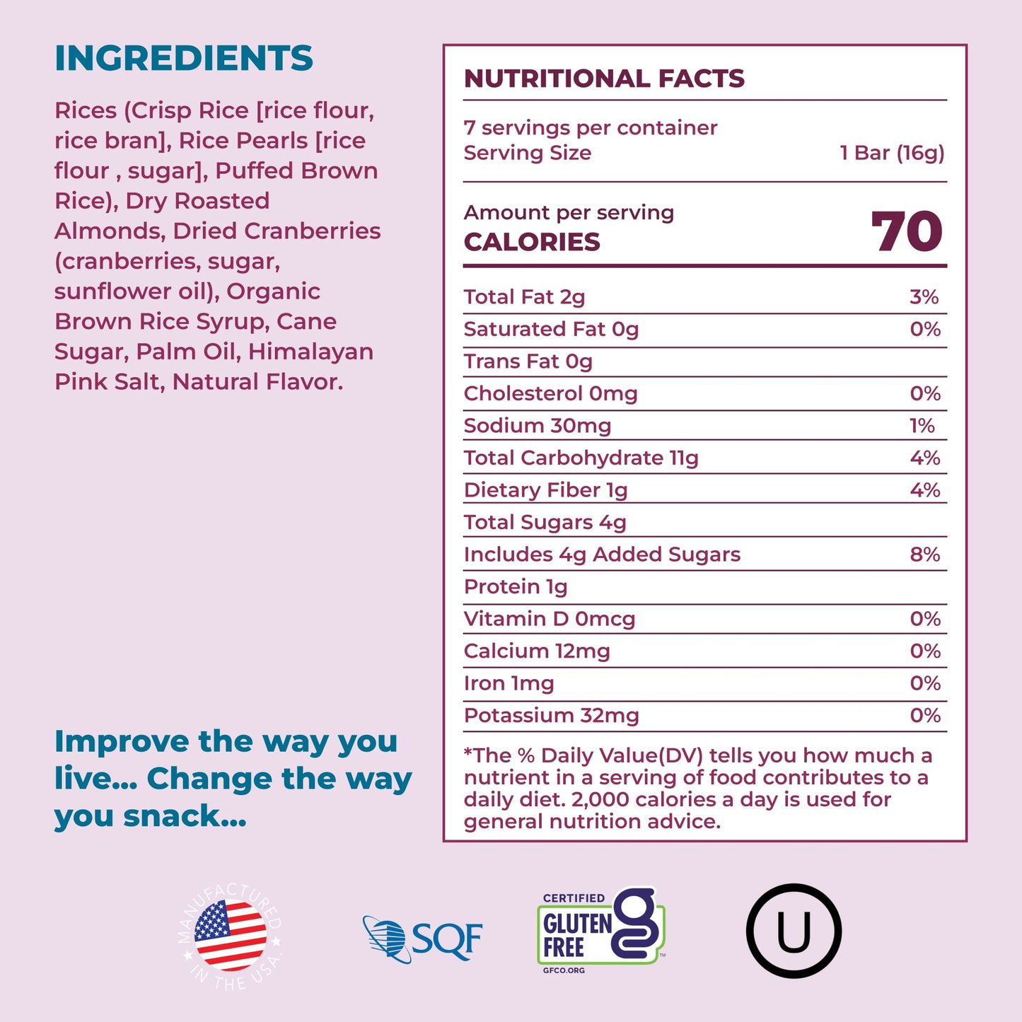 180 Snacks Pre-Meal Snack Skinny Rice Bar with Himalayan Salt 1 Pack, 3.22oz (Cranberry & Almond)