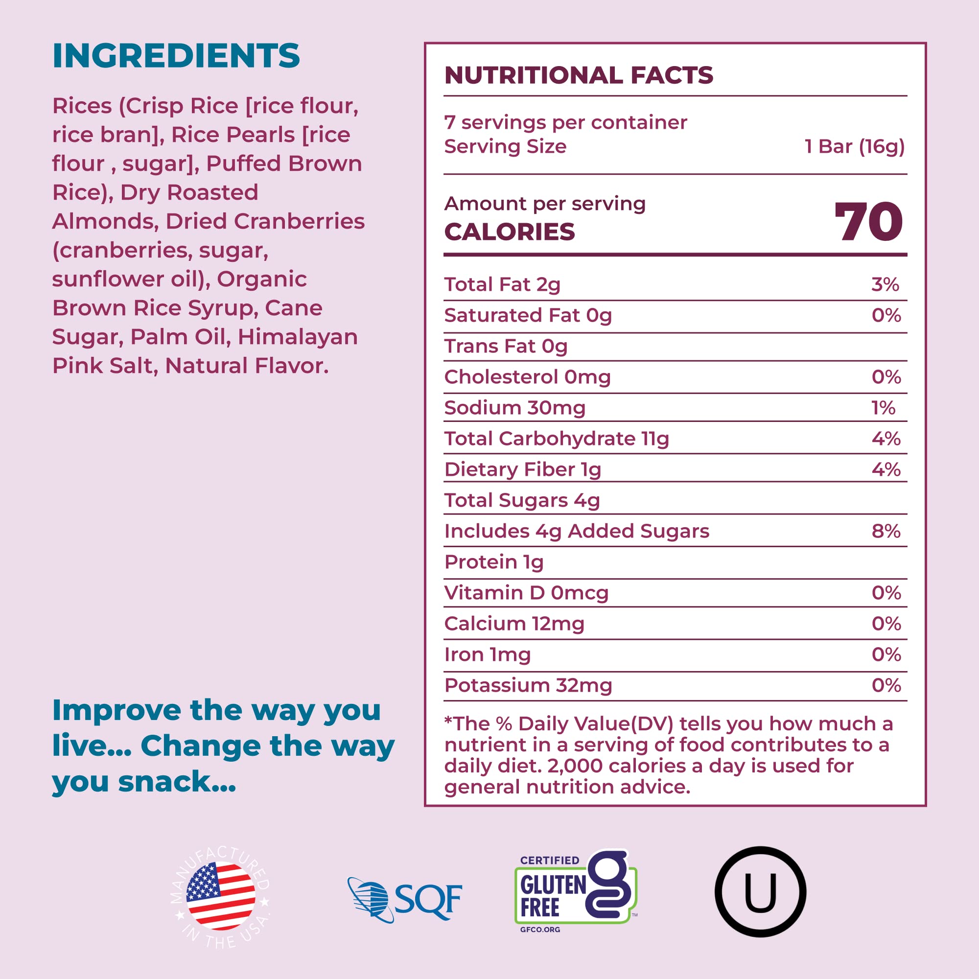 180 Snacks Pre-Meal Snack Skinny Rice Bar with Himalayan Salt 1 Pack, 3.22oz (Cranberry & Almond)
