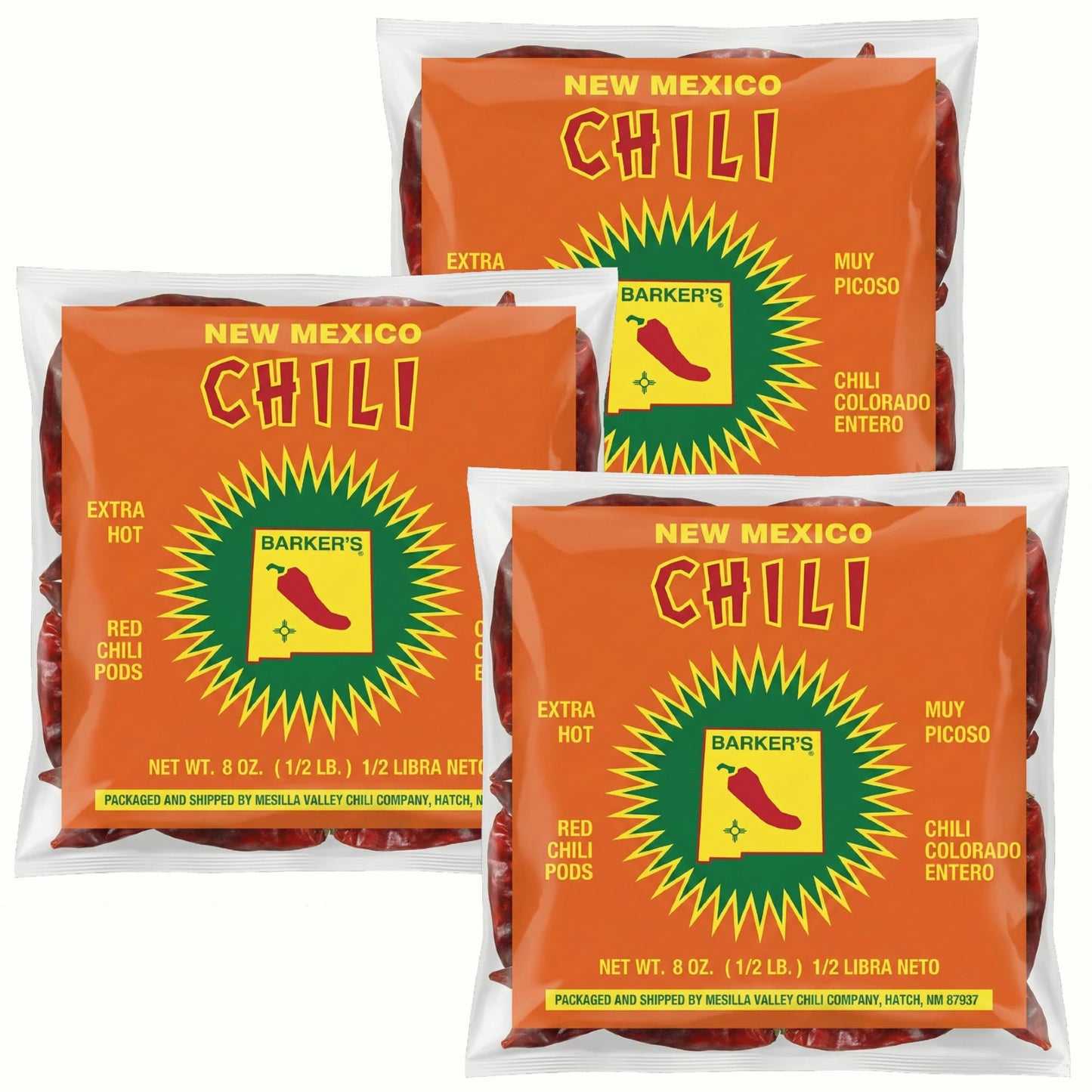Barker's Dried Red Chili Pods - Extra Hot - Grown in World Famous Chili Region Hatch, NM USA - No Preservatives (3 Packs, 8 Ounces per Pack)