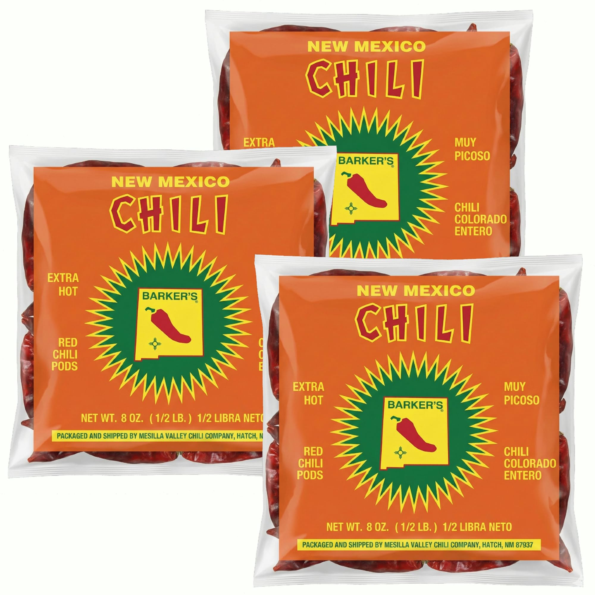 Barker's Dried Red Chili Pods - Extra Hot - Grown in World Famous Chili Region Hatch, NM USA - No Preservatives (3 Packs, 8 Ounces per Pack)
