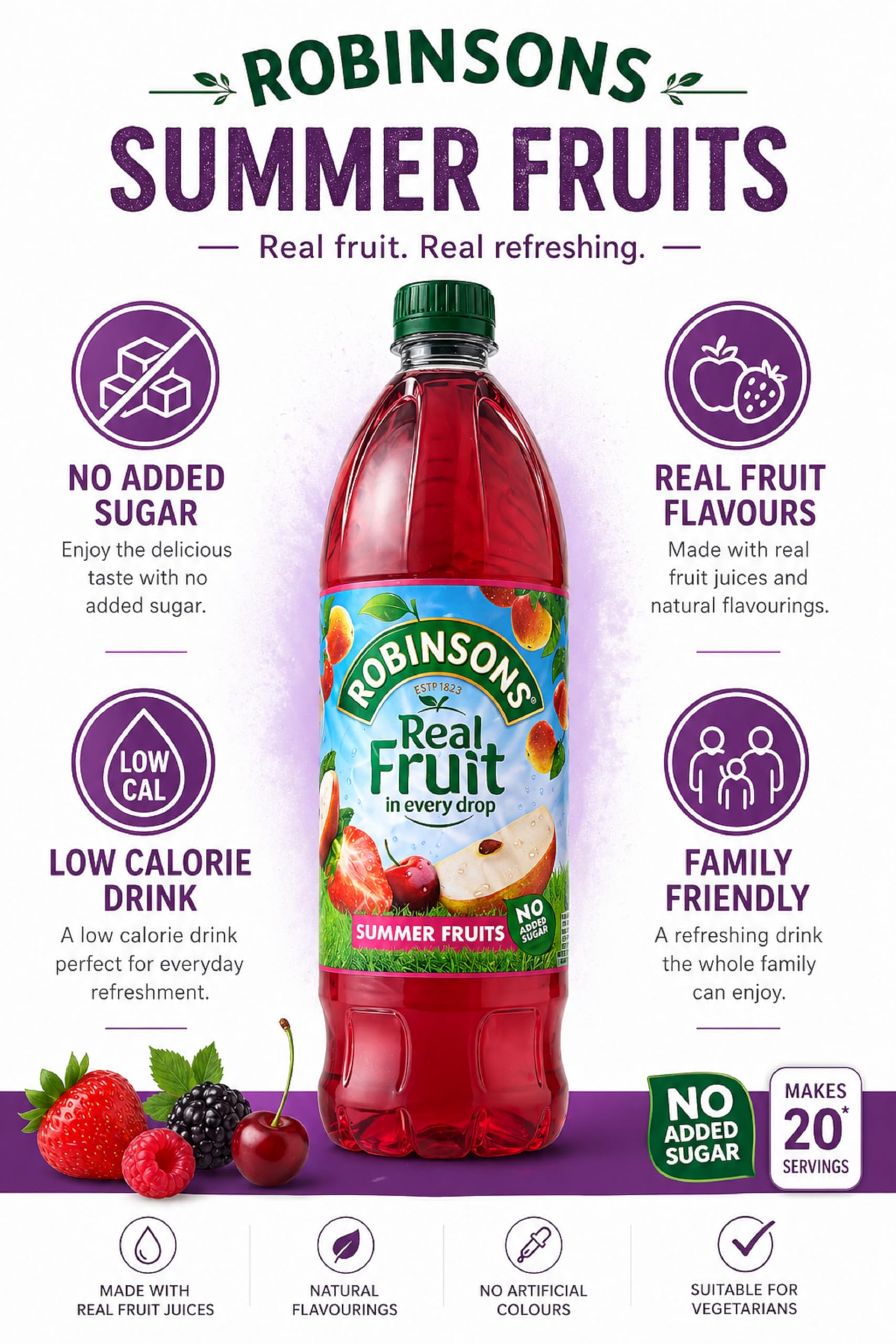 Robinson's Summer Fruits, No Added Sugar, 1-Liter (Pack of 3)