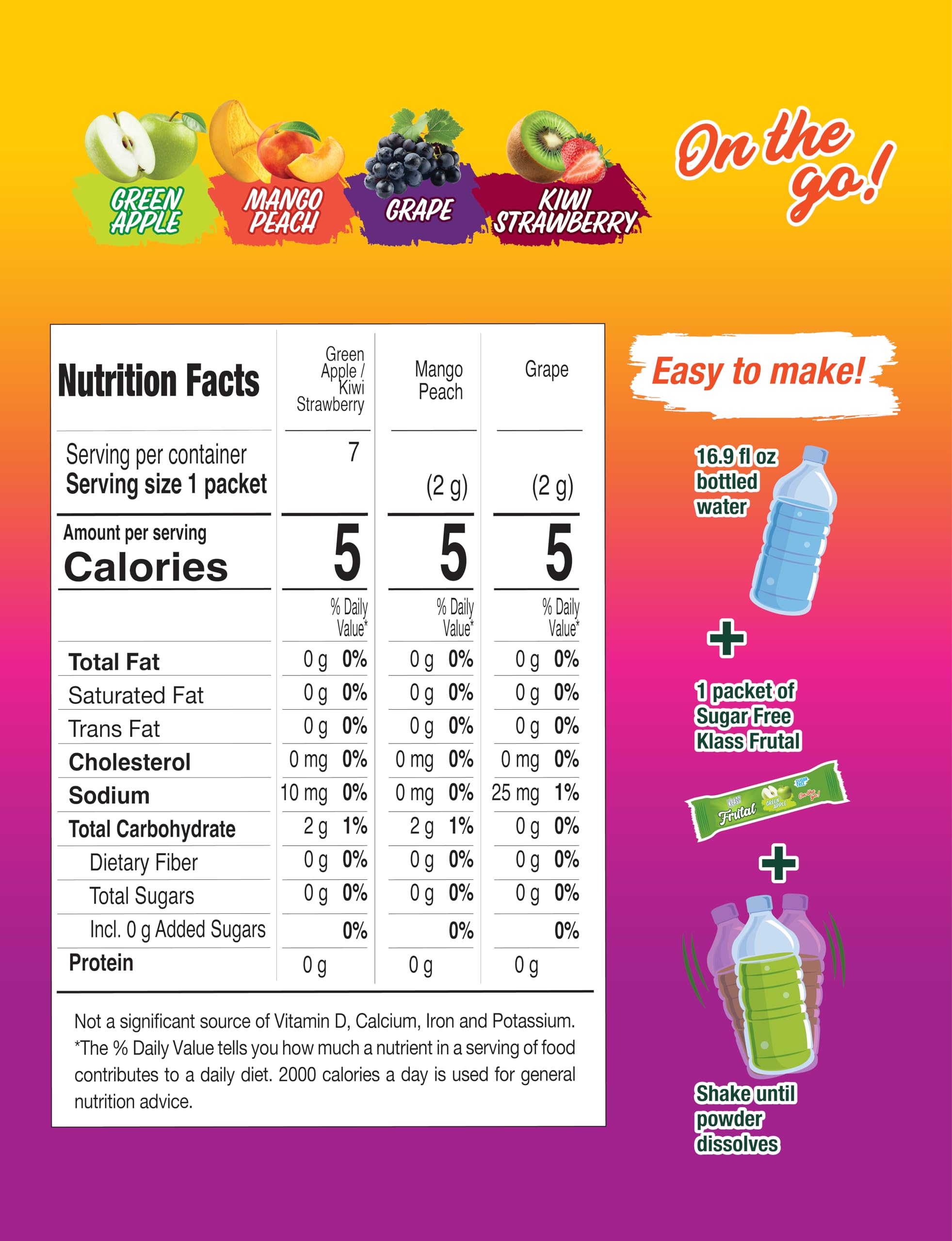 Arbol Frutal Powdered Drink Mix Variety Pack: Green Apple, Mango Peach, Grape, and Kiwi Strawberry (30 Stick Packs) - Frutal On-The-Go!