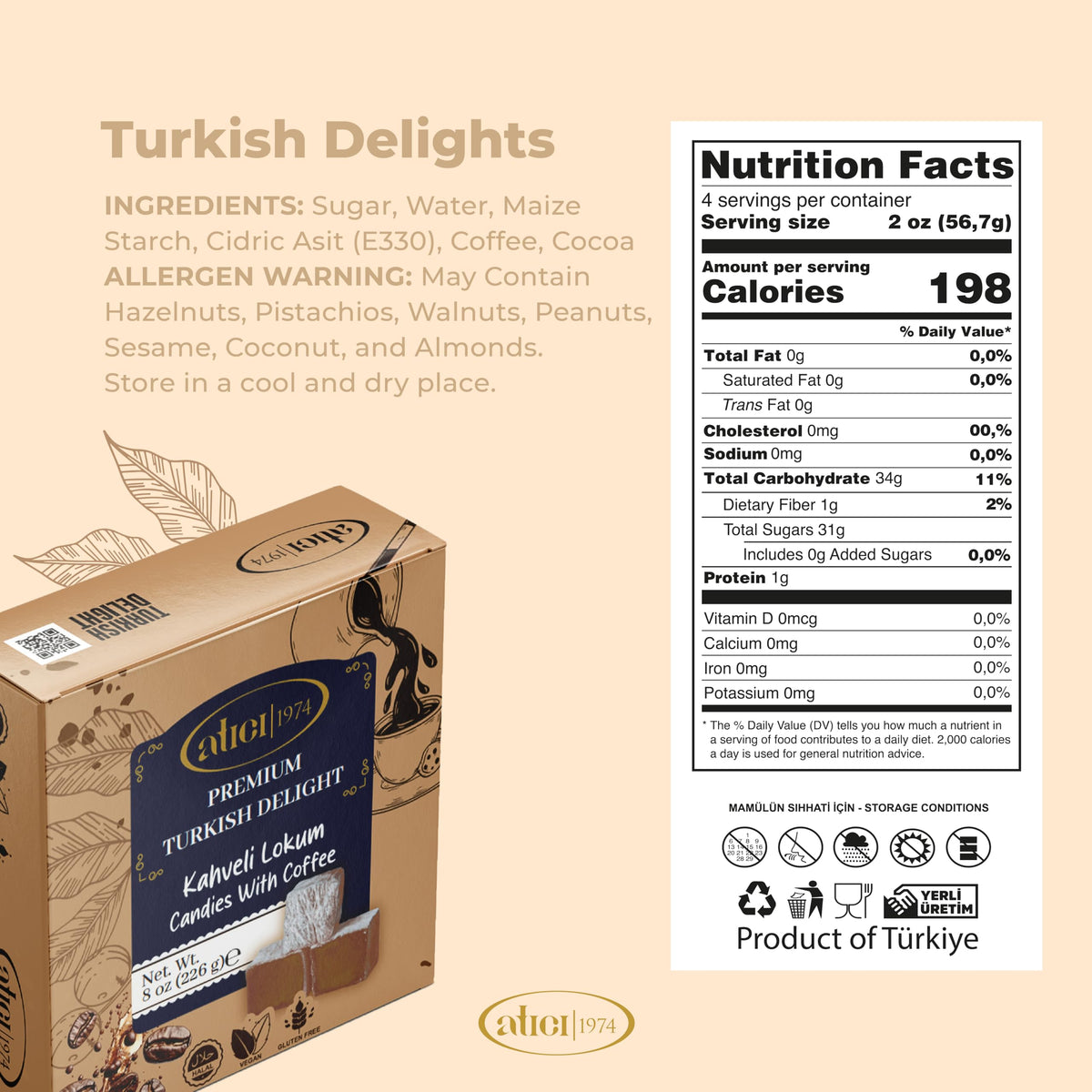 Atici Lokum Authentic Turkish Delight 8oz - Gourmet Vegan Sweets, Gluten-Free, Halal Soft Chewy Candy Gift Box | Traditional Premium Lokum Loukoumi