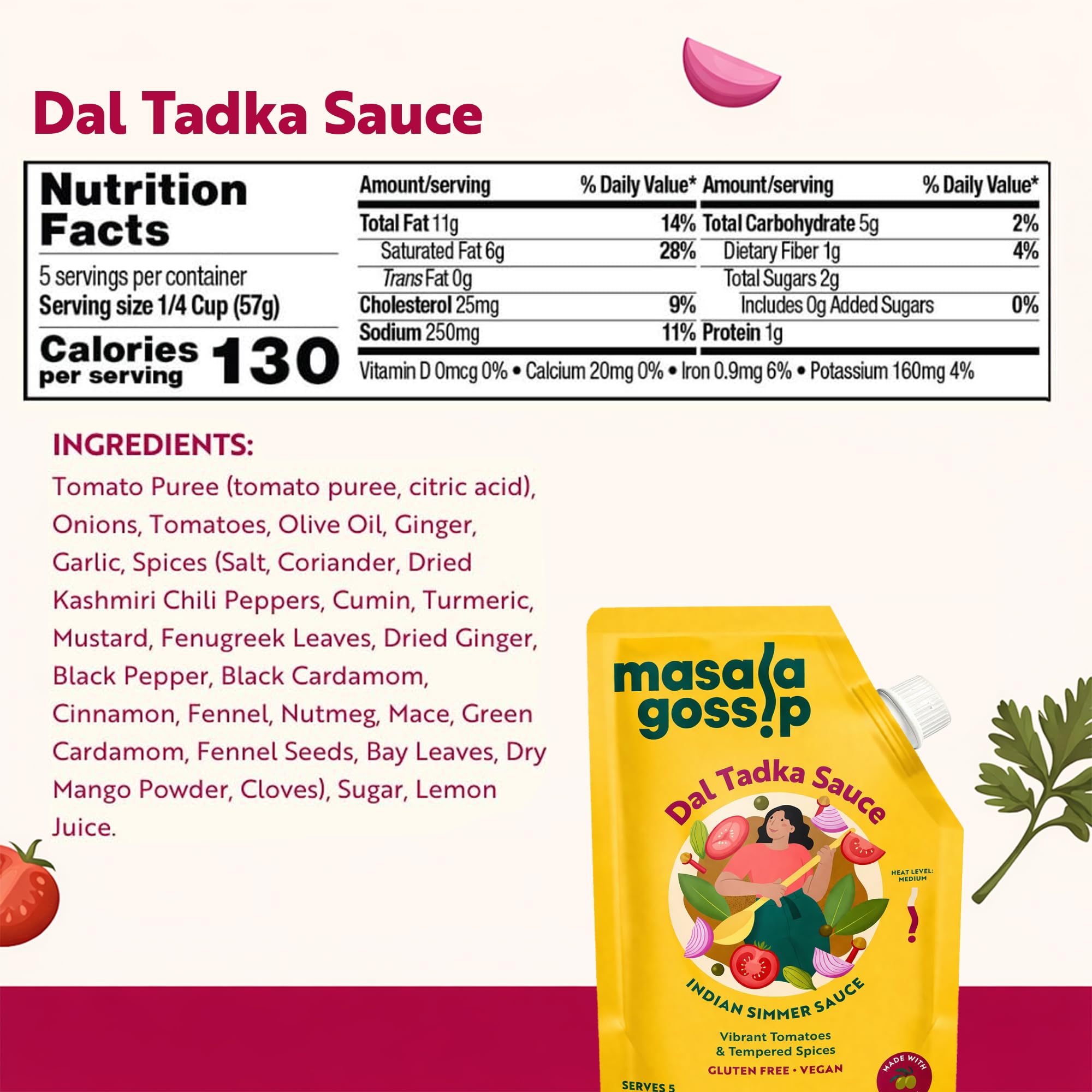 Masala Gossip Dal Tadka Simmer Sauce 10 oz - Authentic Indian Curry Sauce - Plant-Based, Gluten-Free, Seed Oil Free, No Artificial Preservatives - 10