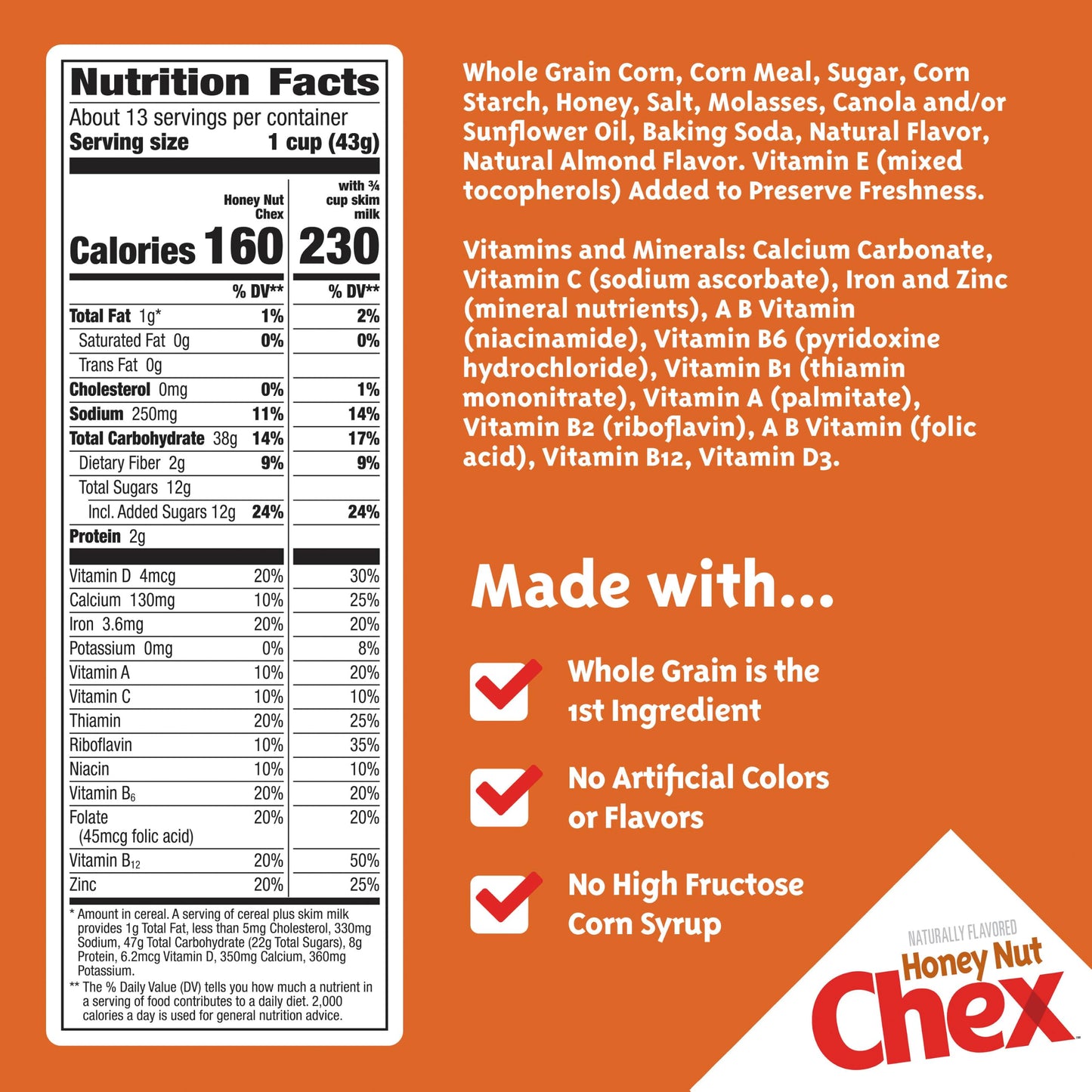 Honey Nut Chex Cereal, Gluten Free Breakfast Cereal, Made with Whole Grain, Family Size, 19.6 oz