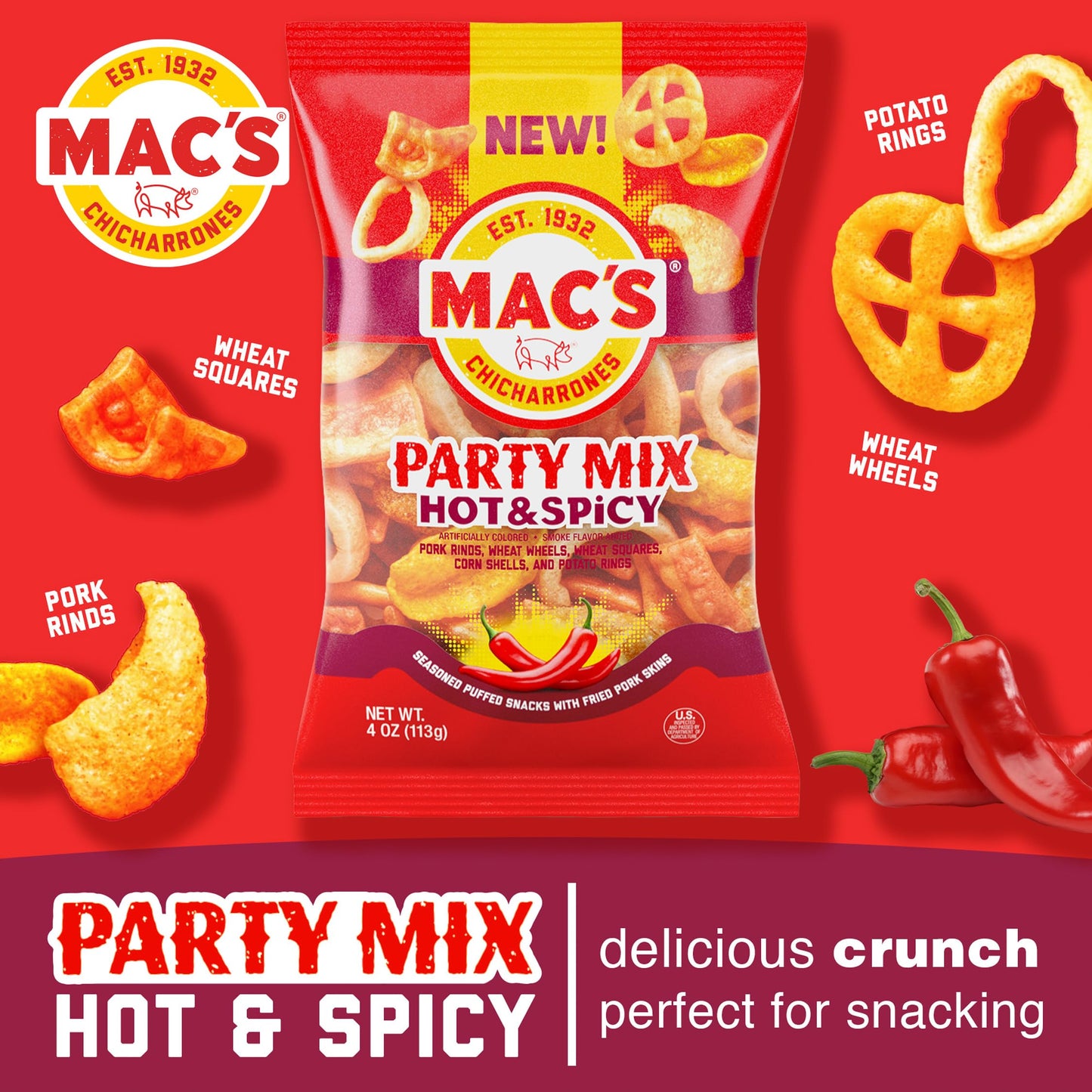 Mac's Hot & Spicy Pork Skins Party Mix - Hot & Spicy Flavored Chicharrones Pork Rinds - Party Snack - 4oz (9-Pack Party Mix)