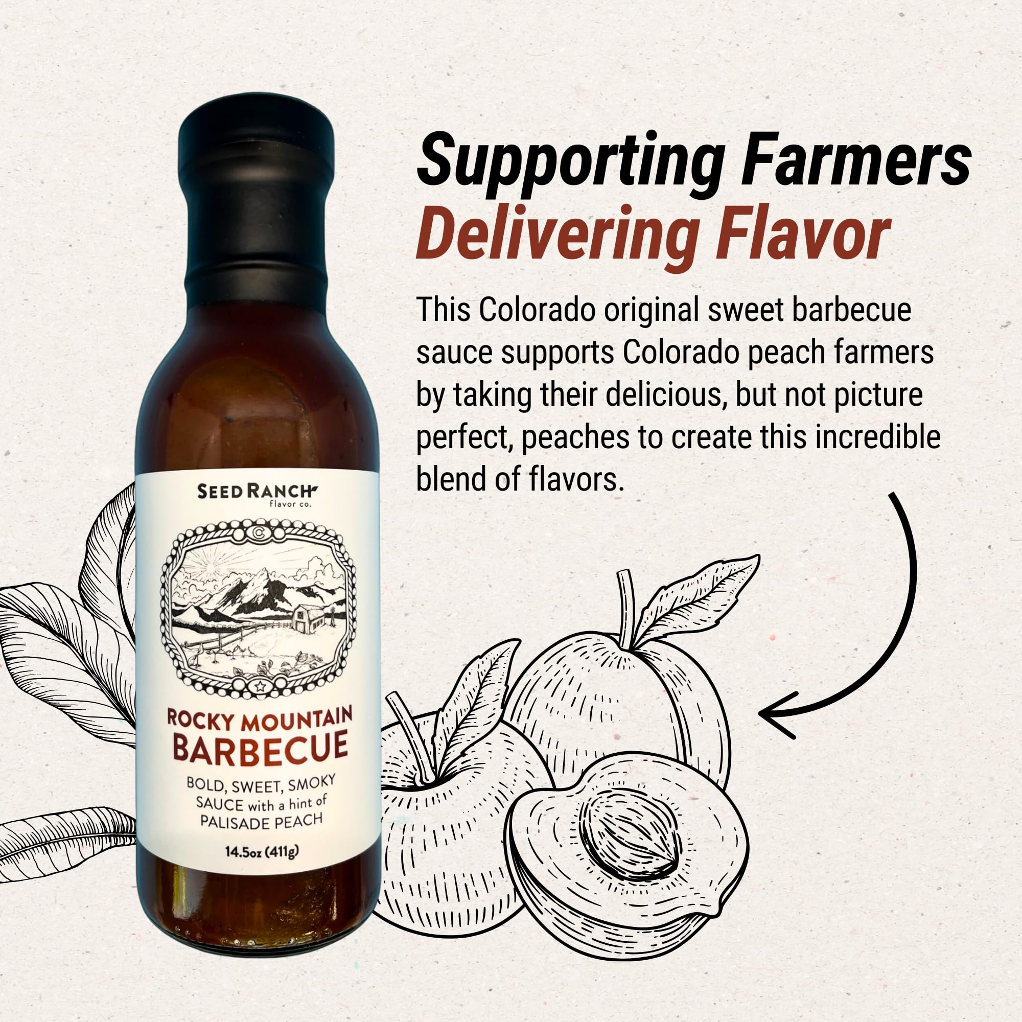 Seed Ranch Rocky Mountain Barbecue Sauce, 14.5 Oz. 2 Pack - Sweet & Smoky Flavor with Palisade Peach - Vegan, Non-GMO, Gluten-Free - Summer Peach BBQ