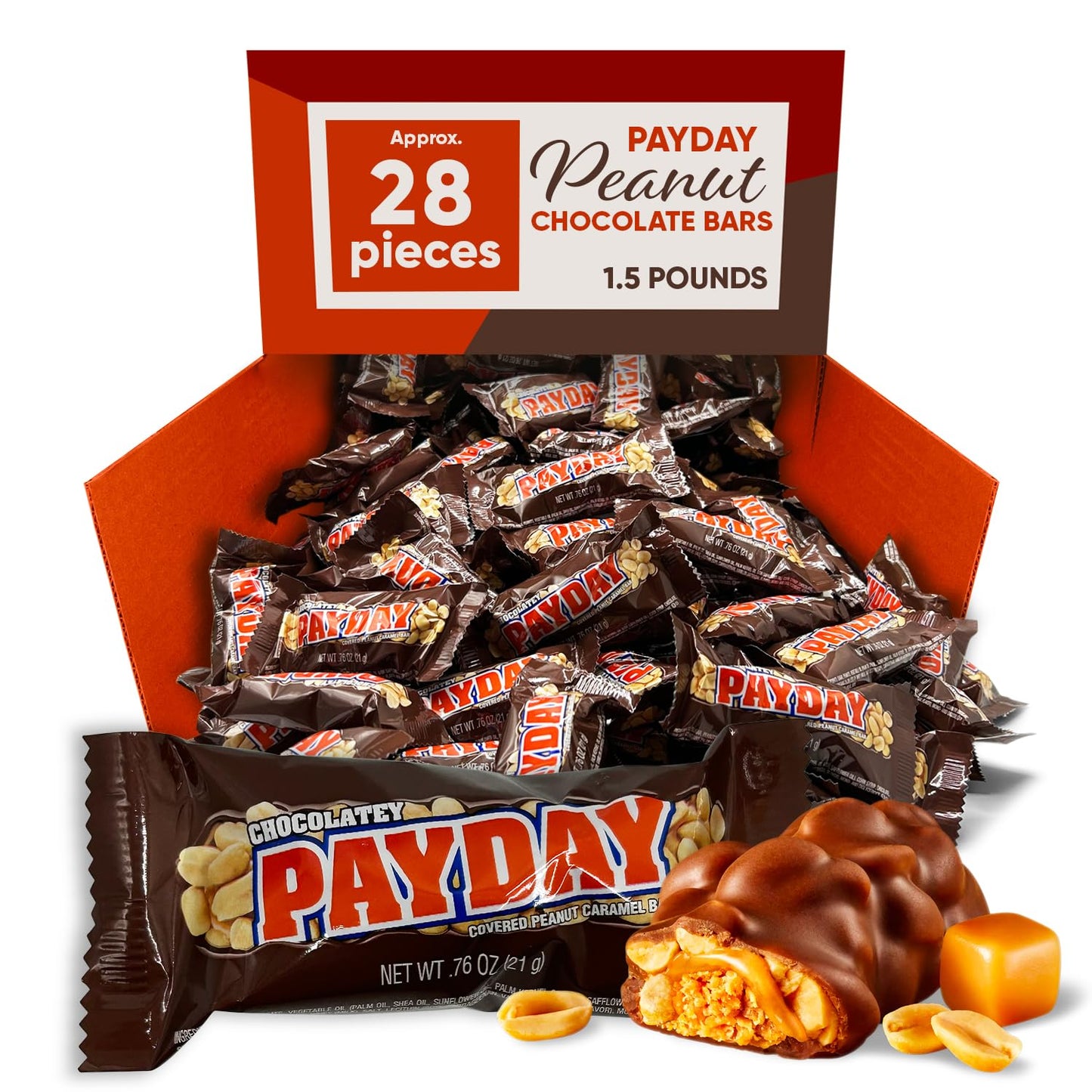 PayDay Peanut Caramel and Chocolate Candy Bar - 1.5 Pound Approx 28 Bars - Chocolate Covered Peanuts & Chewy Candy - Chocolate Bars are Made with a