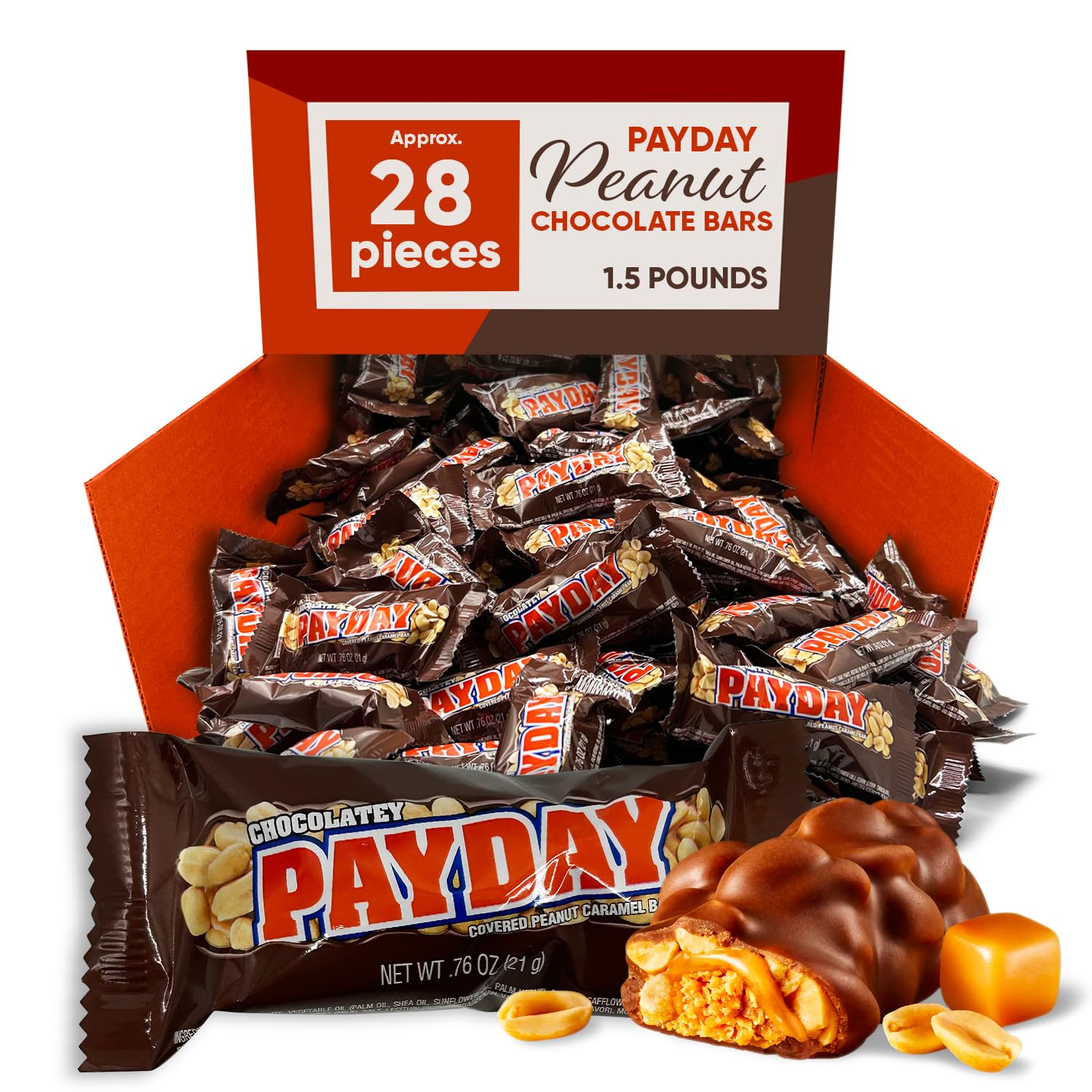 PayDay Peanut Caramel and Chocolate Candy Bar - 1.5 Pound Approx 28 Bars - Chocolate Covered Peanuts & Chewy Candy - Chocolate Bars are Made with a