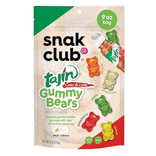 Snak Club Tajin Gummy Bears, Assorted Fruit Candy Gummies with Chili and Lime Seasoning, Mild, Gluten-Free and Vegan Snacks, 9 oz Resealable Bag