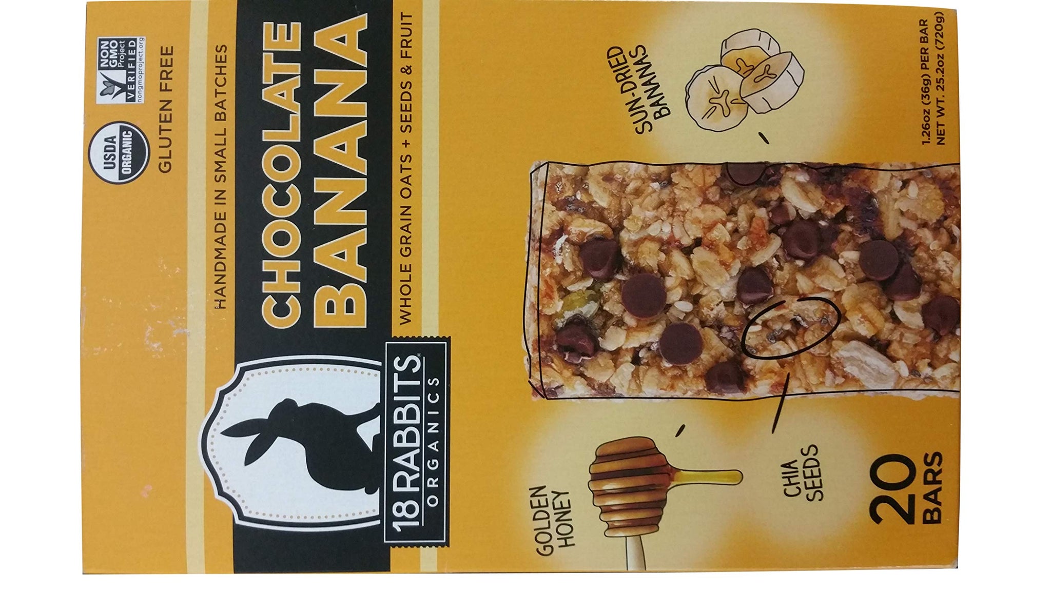 18 Rabbits Organics chocolate banana 20 granola bars 1.26oz each NON GMO Gluten free