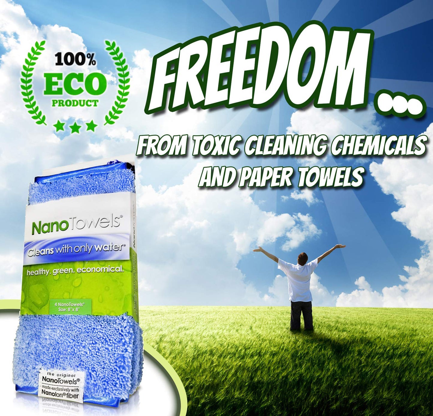 Life Miracle Nano Towels - Amazing Eco Fabric That Cleans Virtually Any Surface with Only Water. No More Paper Towels Or Toxic Chemicals. 4-Pack (8x8
