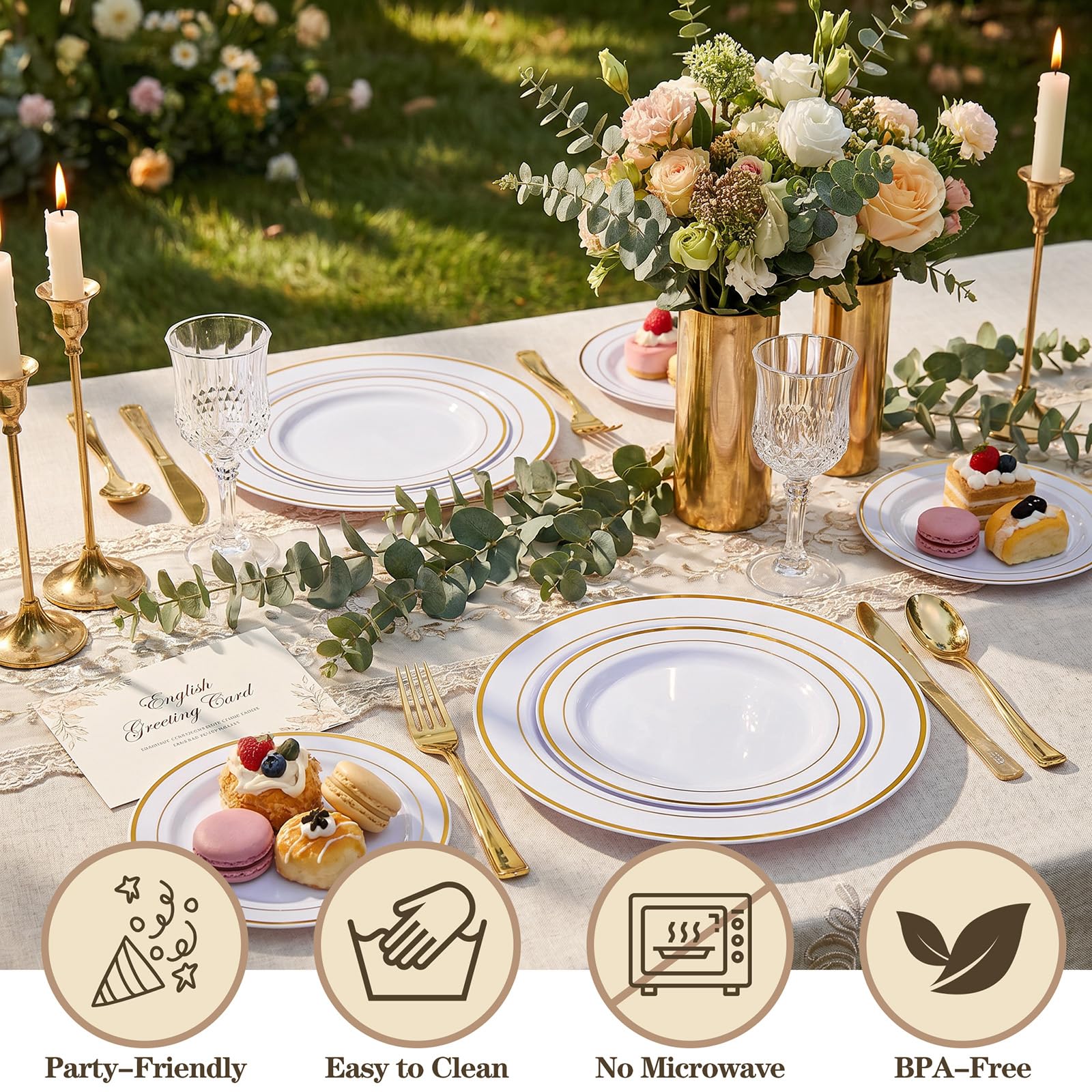 I00000 102 Pieces Gold Plastic Plates, Disposable Party Plates White Gold Rim, 51 Disposable Gold Dinner Plates 10.25 Inch and 51 Disposable Dessert