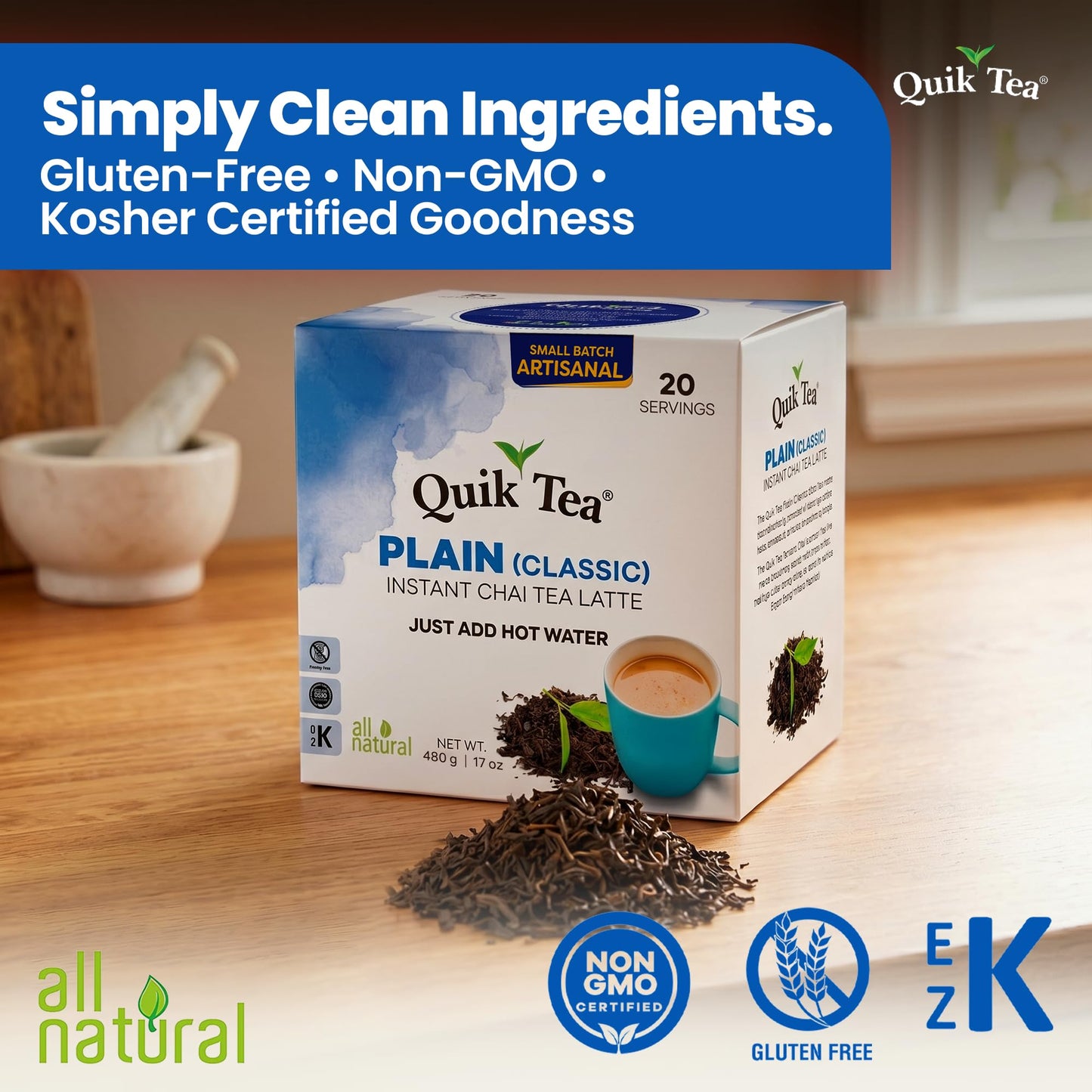 QuikTea Instant Plain Chai Tea Latte, 20 Single-Serve Sachets, Artisanal Indian Chai Latte Mix, Just Add Hot Water, Low Caffeine, Non-GMO, Gluten Free